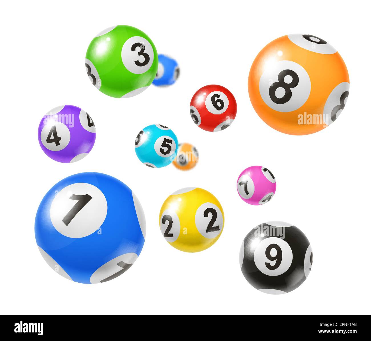 Palline da lotteria Bingo, set di 3D vettori isolati di sfere numerate. Le palline volanti colorate rimbalzano e girano, cadendo e cadendo casualmente, portando Illustrazione Vettoriale