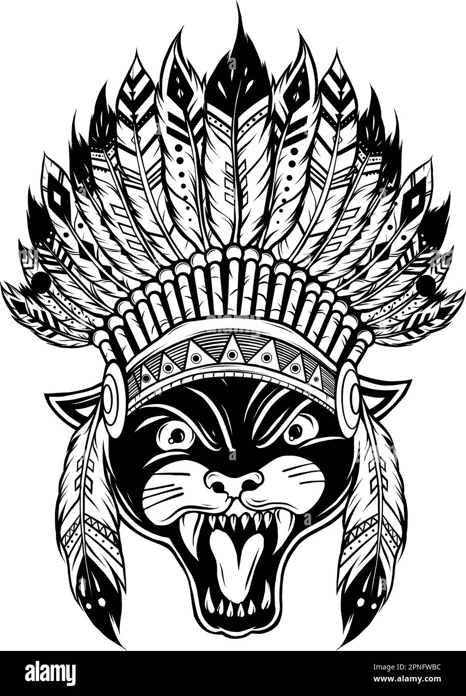 Pantera monocromatica nera, puma. Capo di animale. Ritratto di gatto selvatico. Headdress indiano con le piume. Illustrazione Vettoriale