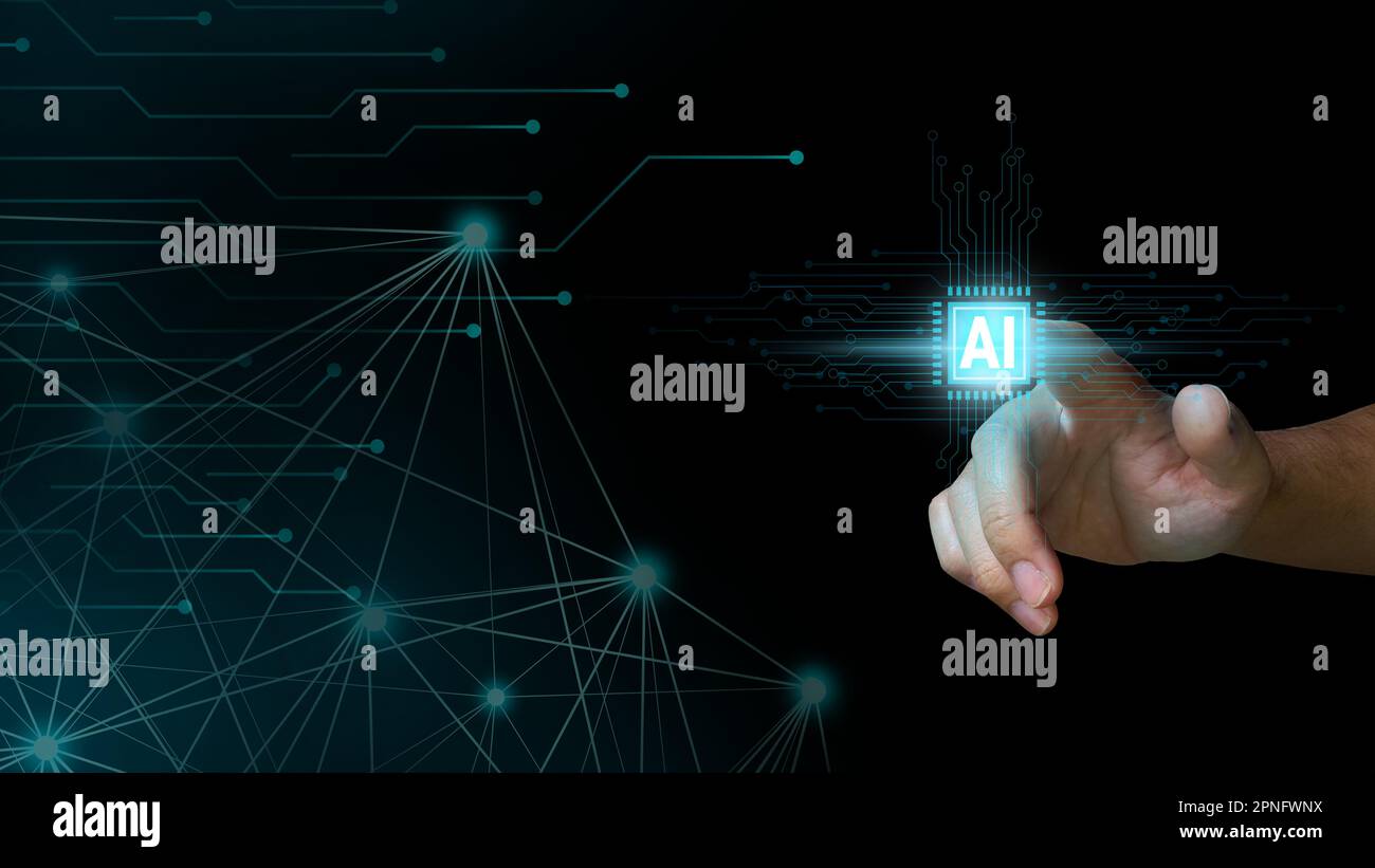 Intelligenza artificiale (ai) e concetto di apprendimento automatico. Mano d'uomo d'affari che preme l'icona ai sullo schermo virtuale. Foto Stock