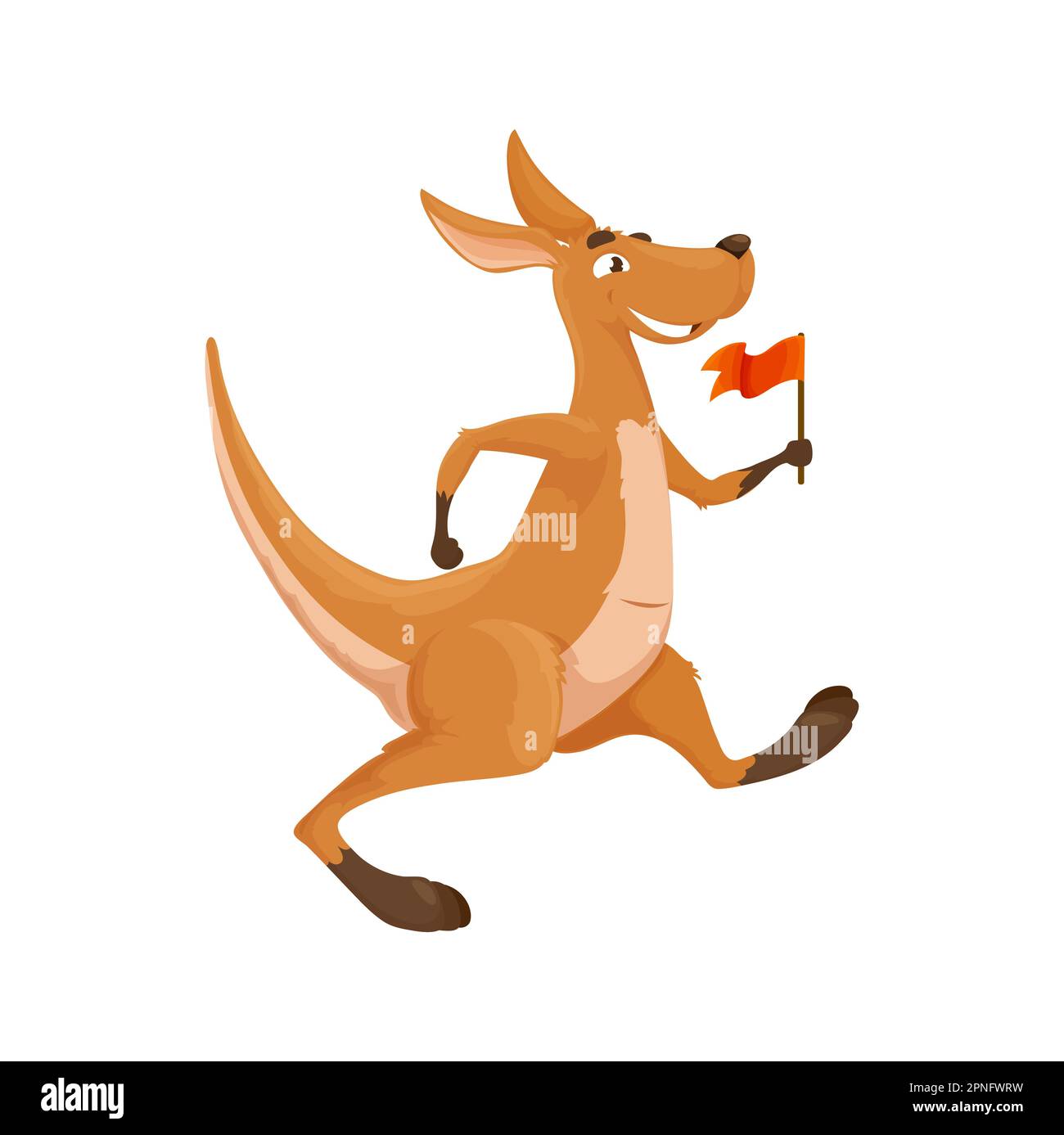 Personaggio dei canguri cartoni animati con pennant. Isolato vettore animale australiano wallaby divertente personage Walk con bandiera rossa in mano. Sorridente fumetto wallaroo Illustrazione Vettoriale