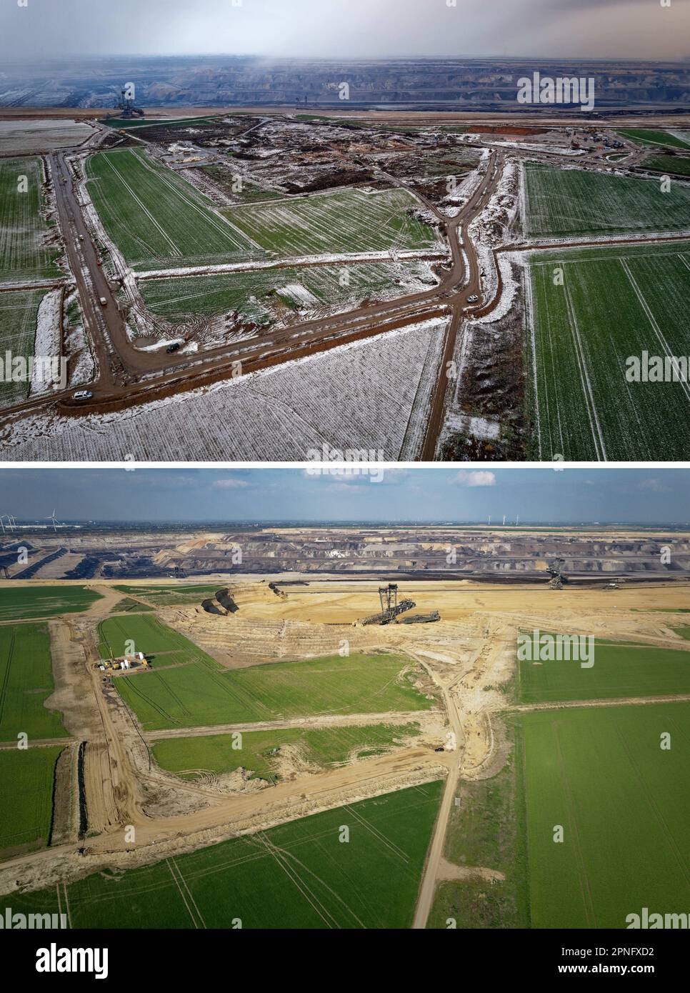 Erkelenz, Germania. 19th Jan, 2023. Due immagini di droni mostrano il sito dell'ex frazione di Lützerath il 19 gennaio 2023 (in alto) e il 17 aprile 23 (in basso). La maggior parte della zona del borgo è già stata dragata. Ben tre mesi fa, gli agenti di polizia hanno portato gli ultimi attivisti fuori dal villaggio lignita di Lützerath. Credit: Henning Kaiser/dpa/Alamy Live News Foto Stock