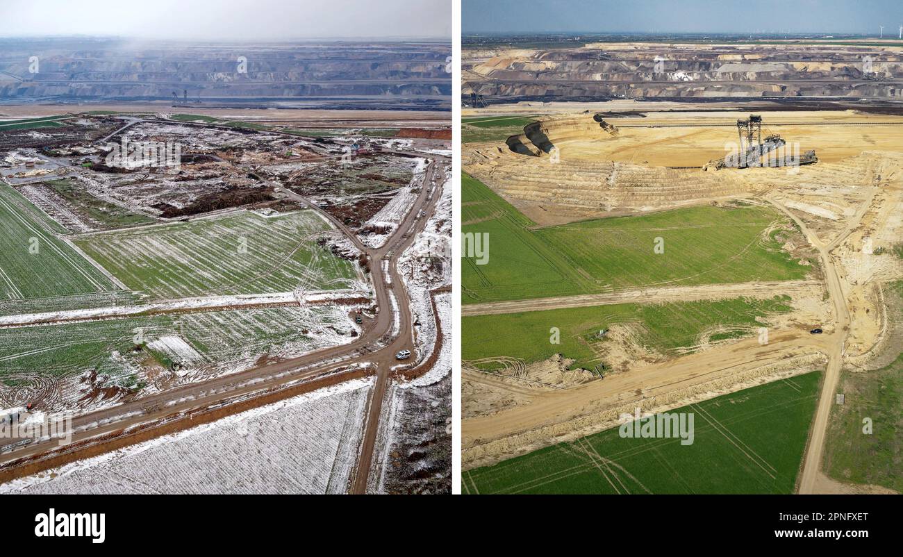 Erkelenz, Germania. 19th Jan, 2023. Due immagini di droni mostrano il sito dell'ex frazione di Lützerath il 19 gennaio 2023 (l) e il 17 aprile 23. La maggior parte della zona del villaggio è già stata dragata. Ben tre mesi fa, gli agenti di polizia hanno portato gli ultimi attivisti fuori dal villaggio lignita di Lützerath. Credit: Henning Kaiser/dpa/Alamy Live News Foto Stock