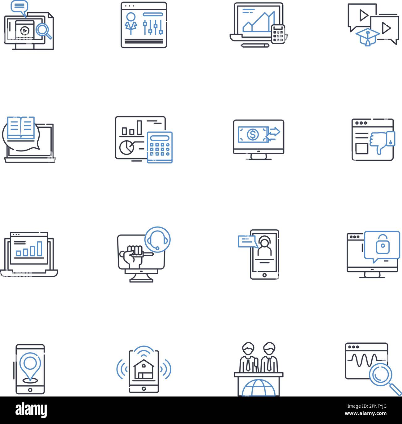 Collezione di icone della linea software aziendale. Efficiente, lineare, innovativo, dinamico, versatile, Facile da usare, intuitivo, vettoriale e lineare Illustrazione Vettoriale