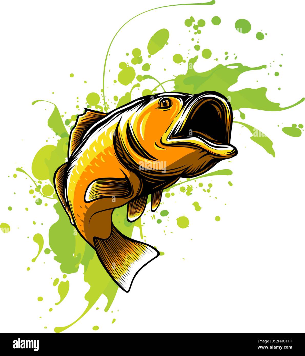 Illustrazione di un largemouth bass fish jumping fatto in stile cartoon isolato su sfondo bianco. Illustrazione Vettoriale