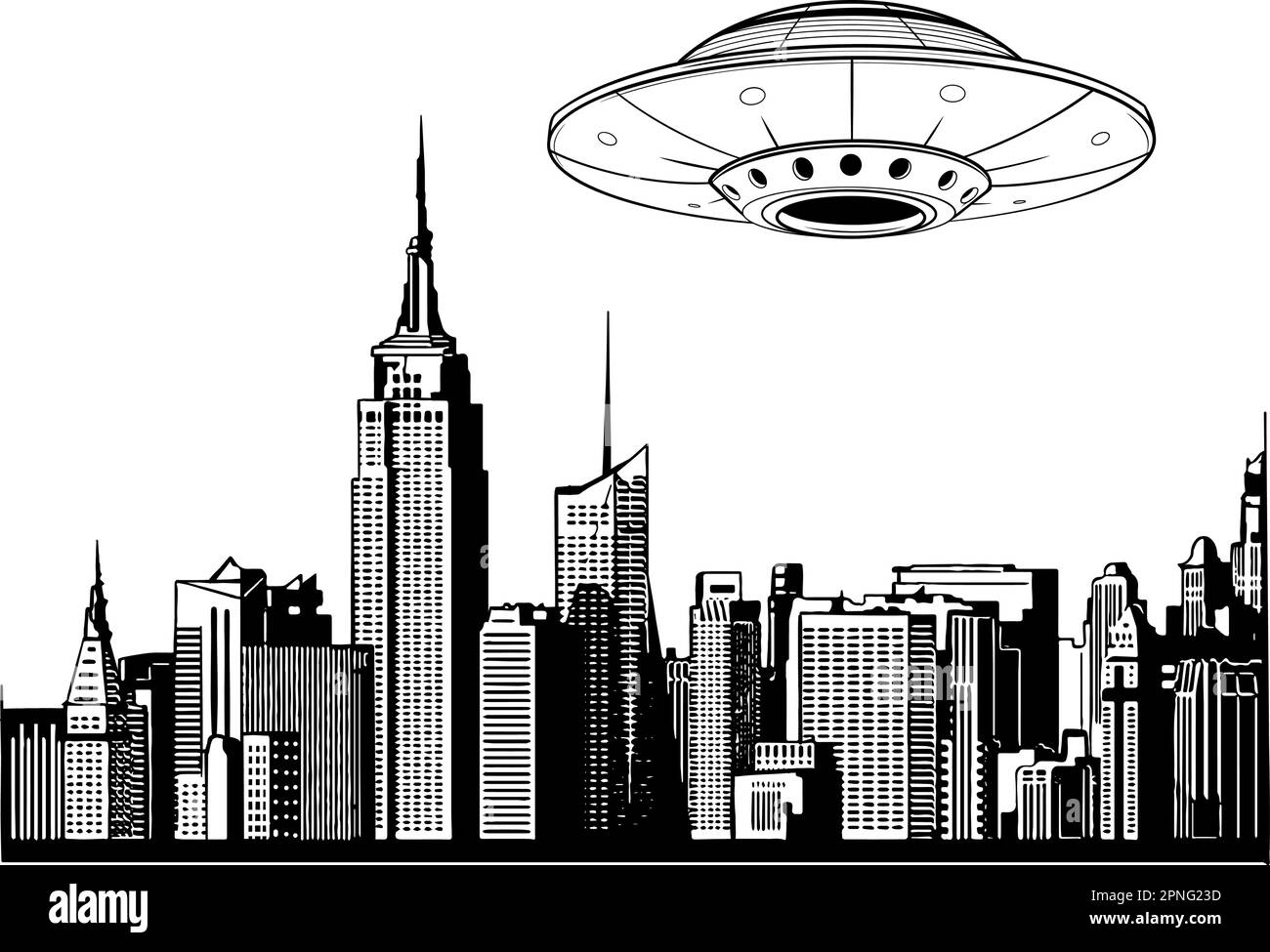 l'illustrazione vettoriale di ufo ha lasciato la città in bianco e nero Illustrazione Vettoriale