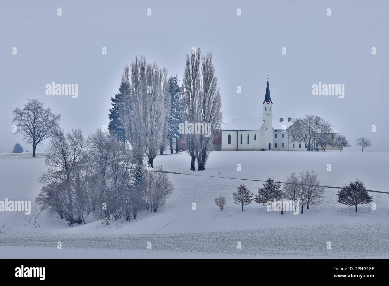 Piccolo borgo con cappella in un paesaggio innevato in un clima invernale cupo, effetto grafico, alta Baviera, Baviera, Germania Foto Stock