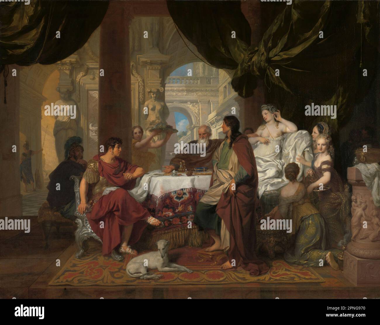 Egitto / Paesi Bassi: «Il banchetto di Cleopatra». Dipinto ad olio su tela di Gerard de Lairesse (11 settembre 1641 - giugno 1711), c. 1675-1680. Cleopatra VII (69-30 a.C.) fu l'ultimo faraone dell'antico Egitto e l'ultimo della dinastia tolemaica. In questa scena dalla sua corte ad Alessandria, Cleopatra ha scommesso il suo amante Mark Anthony che potrebbe ospitare il banchetto più costoso. Dopo aver accettato la scommessa, Cleopatra tolse uno dei suoi orecchini perlacei, lo sciolse nell'aceto, poi lo bevve. Sta per rimuovere il suo secondo orecchino quando viene fermata dall'ex senatore romano Lucius Plancus. Foto Stock