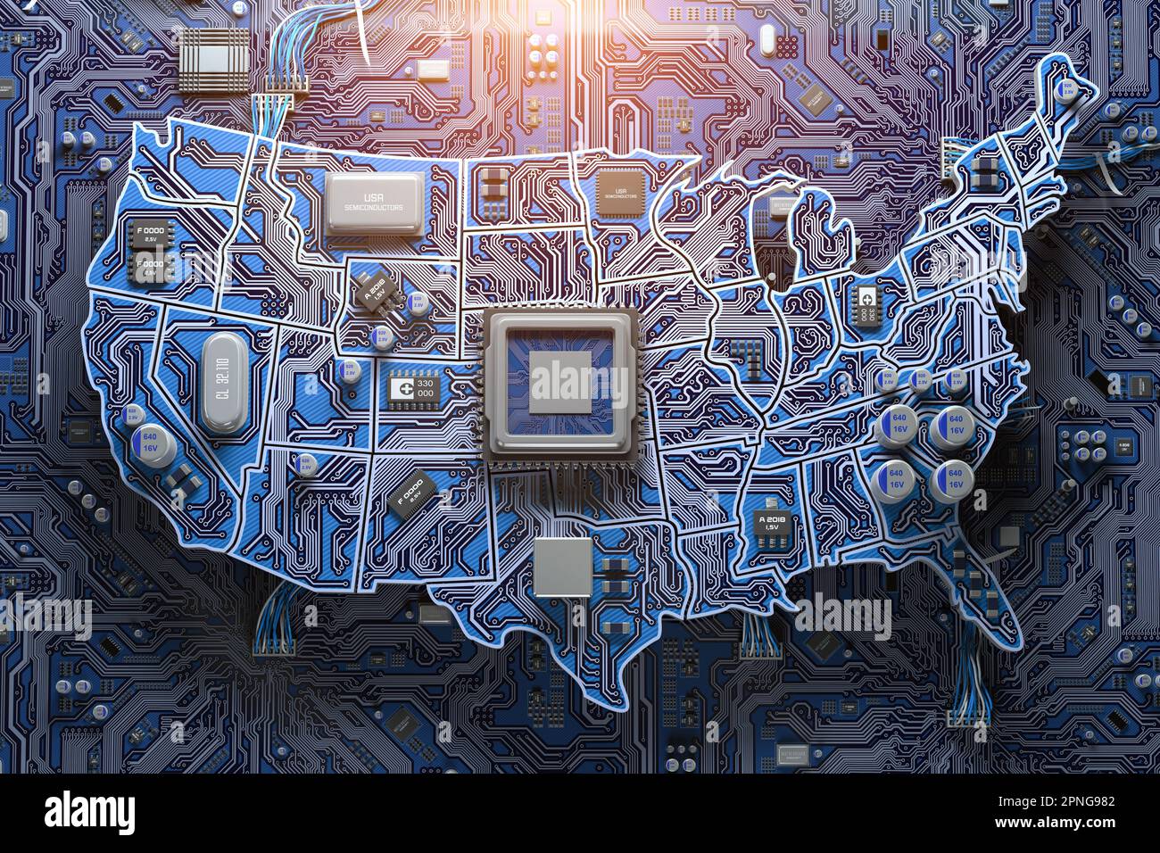 Industria dei semiconduttori negli Stati Uniti, produzione di chip per computer e intelligenceconcept artificiale. Scheda madre con processore CPU in forma di mappa di United Foto Stock