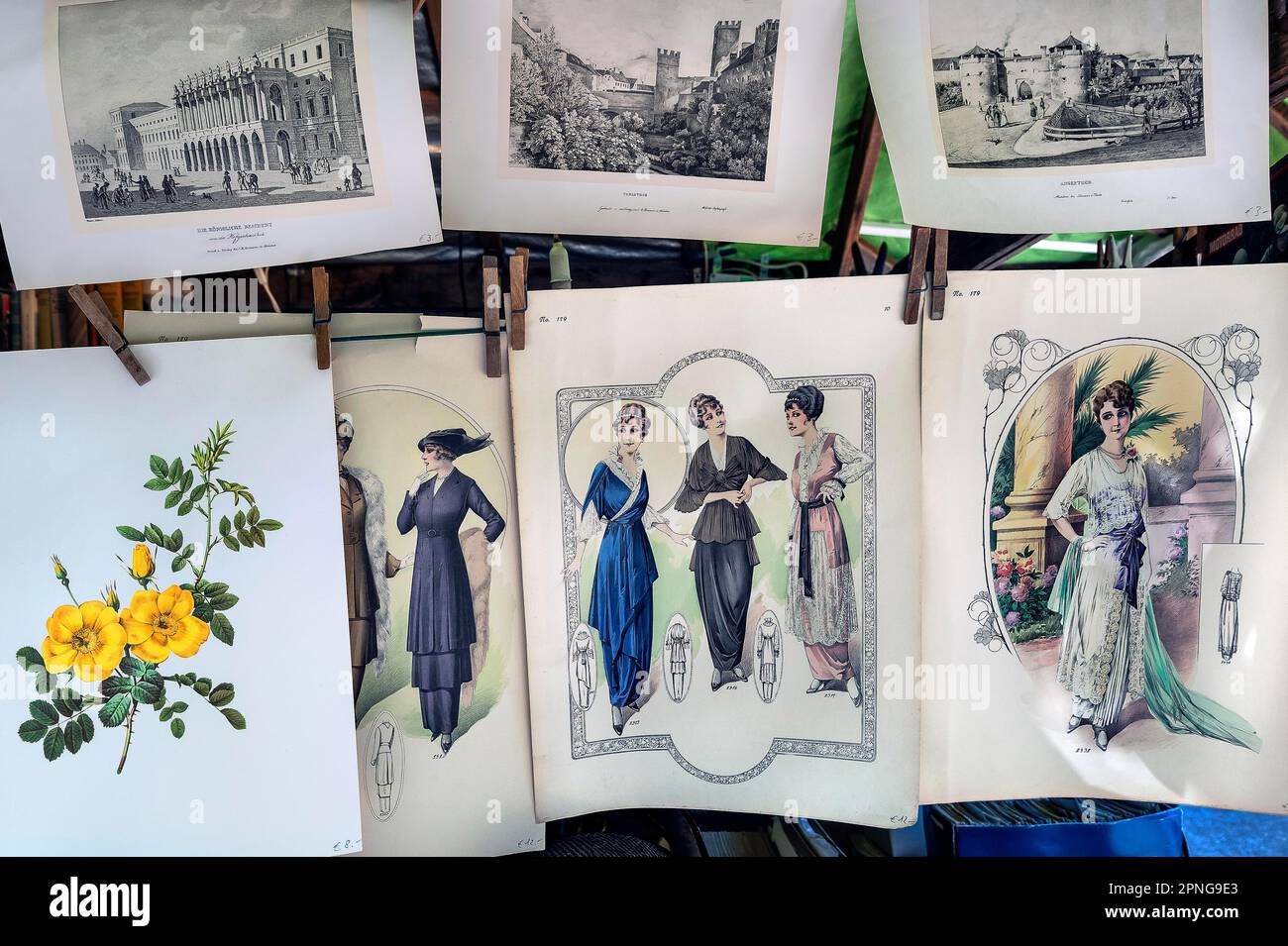 Litografie, architettura, fiori, moda da donna intorno al 1900, Auer Dult, Monaco, Baviera, Germania Foto Stock