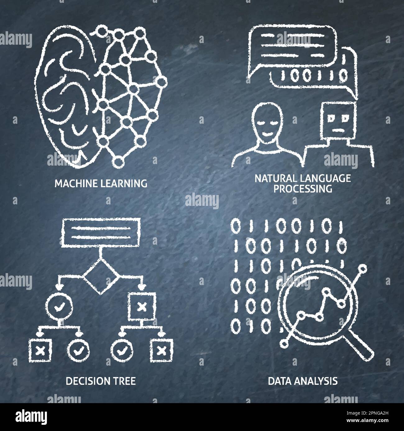 Set di icone per lavagna di analisi dei dati e apprendimento automatico. Illustrazione vettoriale. Illustrazione Vettoriale