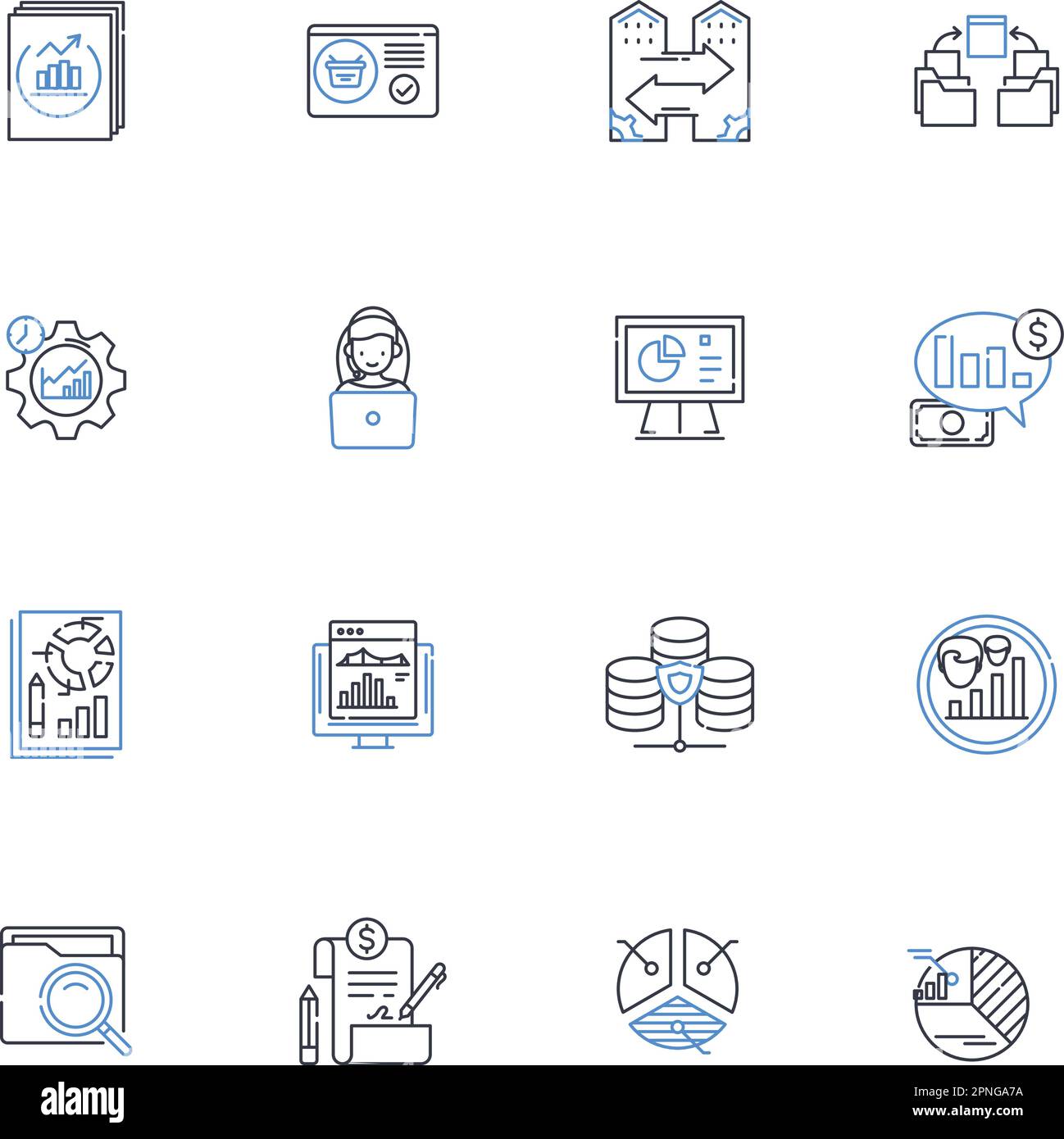 Raccolta di icone di riga del software di data mining. Clustering, associazione, classificazione, previsione, apprendimento automatico, Estrazione testo, riconoscimento ripetizione Illustrazione Vettoriale