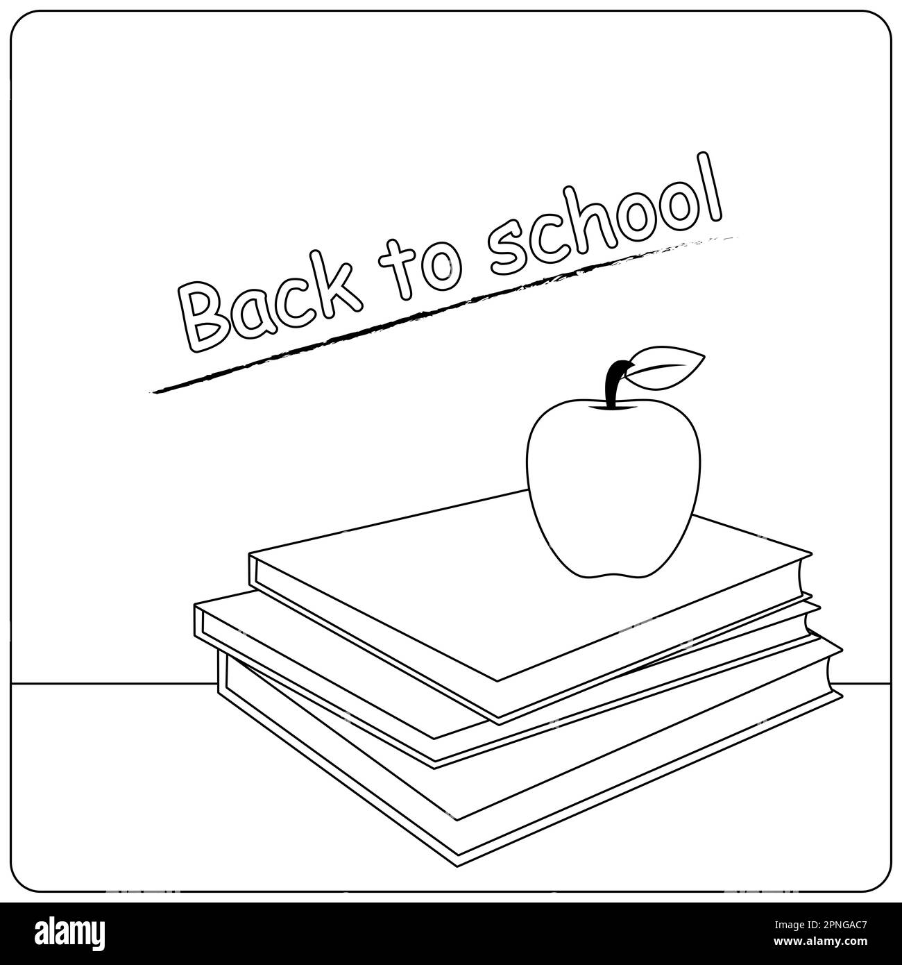 Scuola con lavagna, libri e mela. Pagina da colorare in bianco e nero Foto Stock