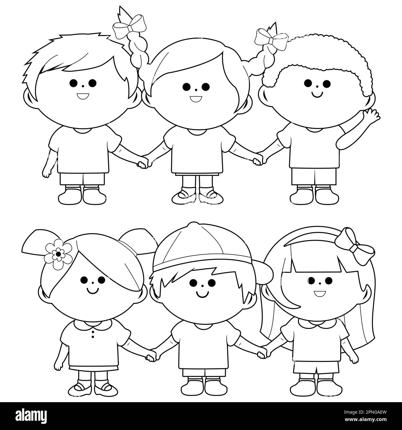 Gruppo di bambini che tengono le mani. Pagina da colorare in bianco e nero Foto Stock