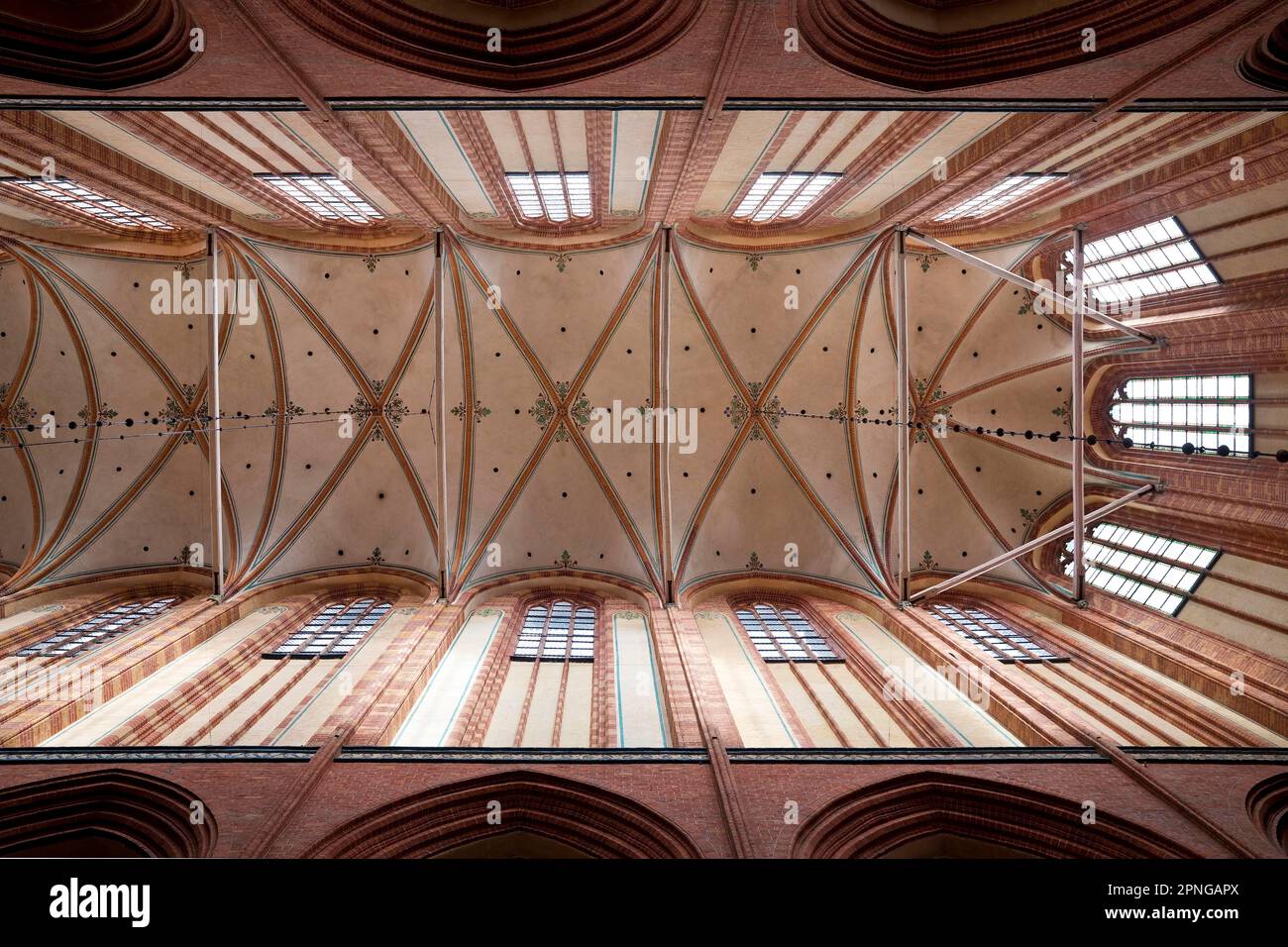 Vista della volta a navata del Nikolaikirche, capolavoro tardo gotico, Wismar, Meclemburgo-Pomerania occidentale, Germania Foto Stock