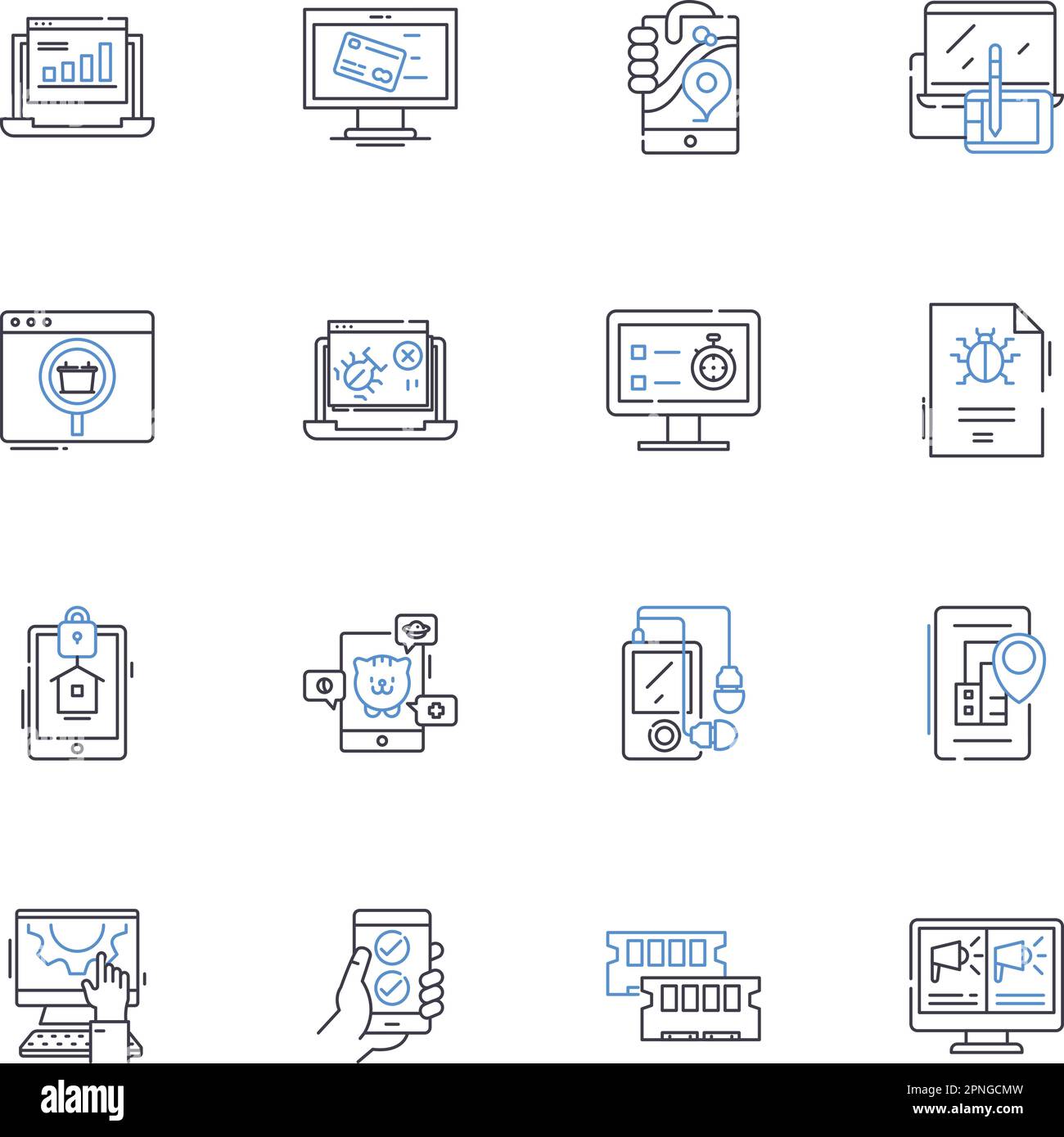 Collezione di icone della linea di tecnologia e-commerce. Acquisto, pagamento, spedizione, inventario, catalogo, Analisi, vettoriale mobile e illustrazione lineare Illustrazione Vettoriale