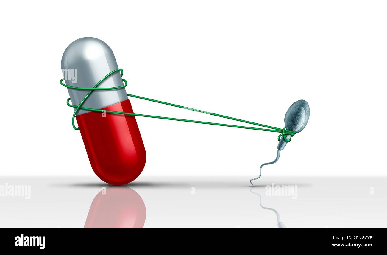 Pillola contraccezione maschile e medicina per il controllo delle nascite per gli uomini come farmaco di prevenzione della gravidanza come un'illustrazione 3D. Foto Stock