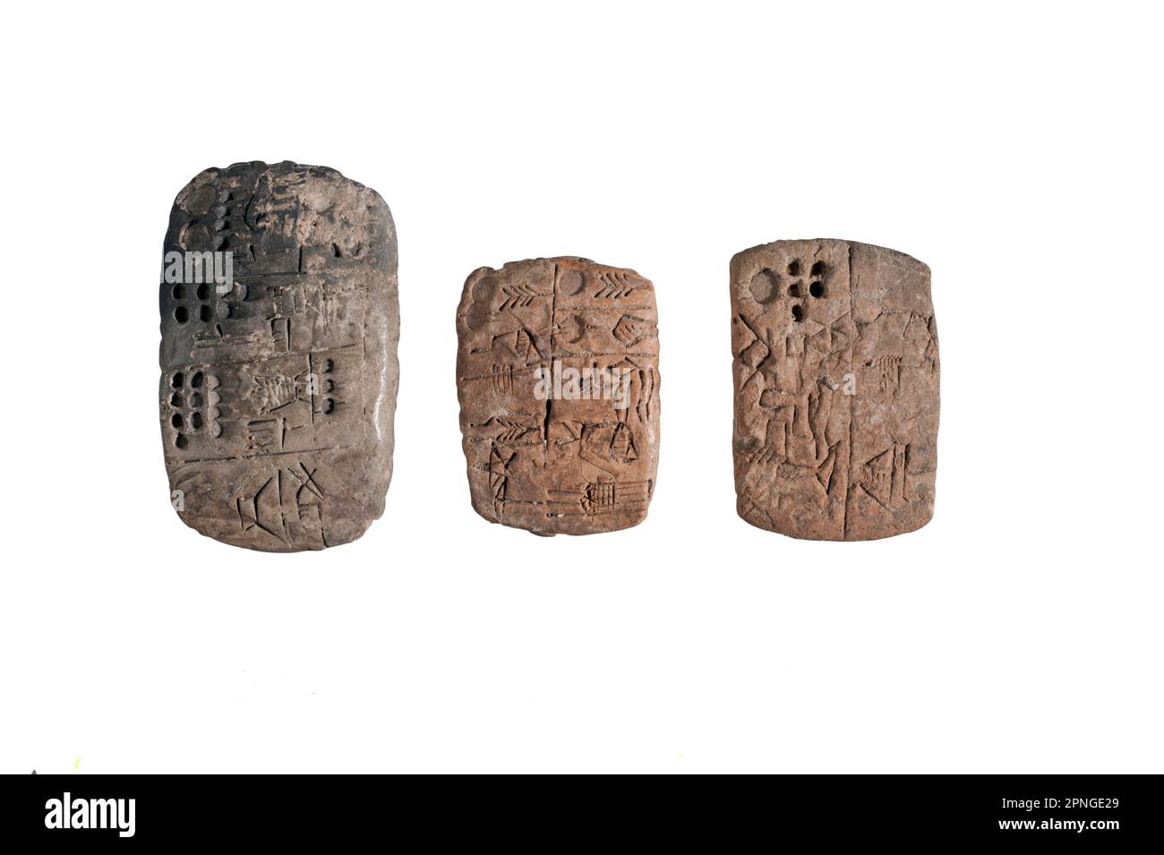 3 pittografica tavolette di argilla con testo amministrativo Uruk periodo circa 3000 BCE (collezione privata) Foto Stock