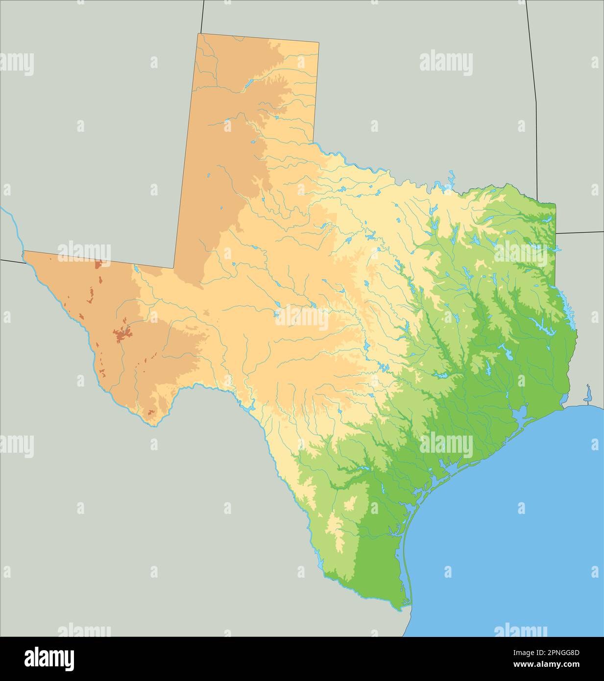 Mappa fisica del Texas ad alta dettaglio. Illustrazione Vettoriale