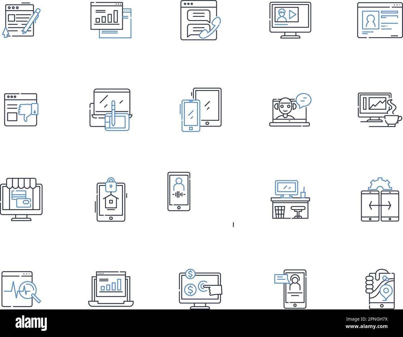 Raccolta di icone della riga dell'interfaccia utente. Navigazione, pulsanti, menu, Layout, moduli, Icone, vettore font e illustrazione lineare. Interazione, feedback Illustrazione Vettoriale