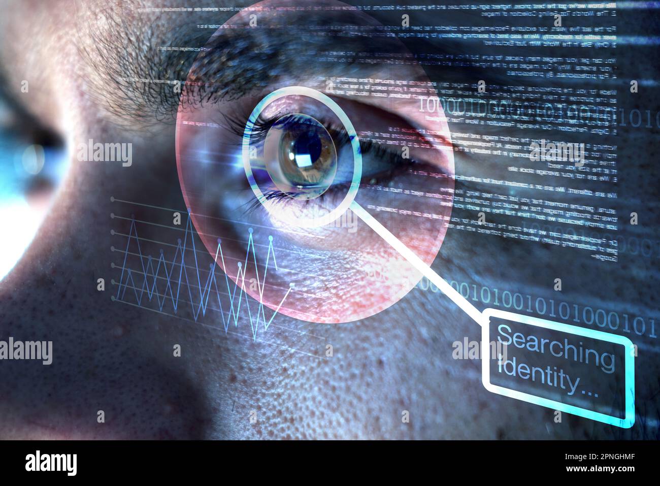 Identità, olografica o uomo con occhio di scansione nella tecnologia digitale di cybersicurezza per il database di informazioni. Laser biometrico, innovazione ai o zoom di Foto Stock