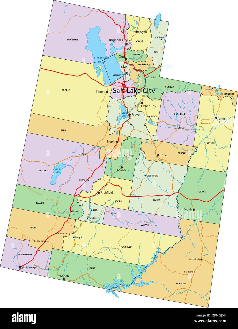 Utah - Mappa politica modificabile molto dettagliata con etichettatura. Illustrazione Vettoriale