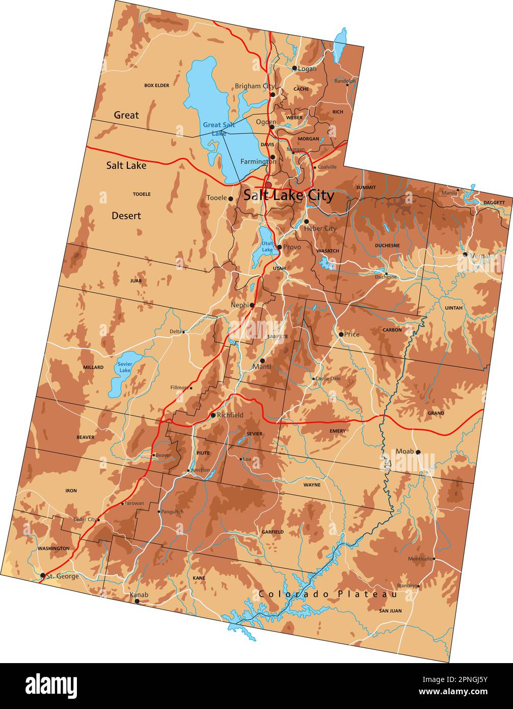 Mappa fisica dello Utah dettagliata con etichettatura. Illustrazione Vettoriale