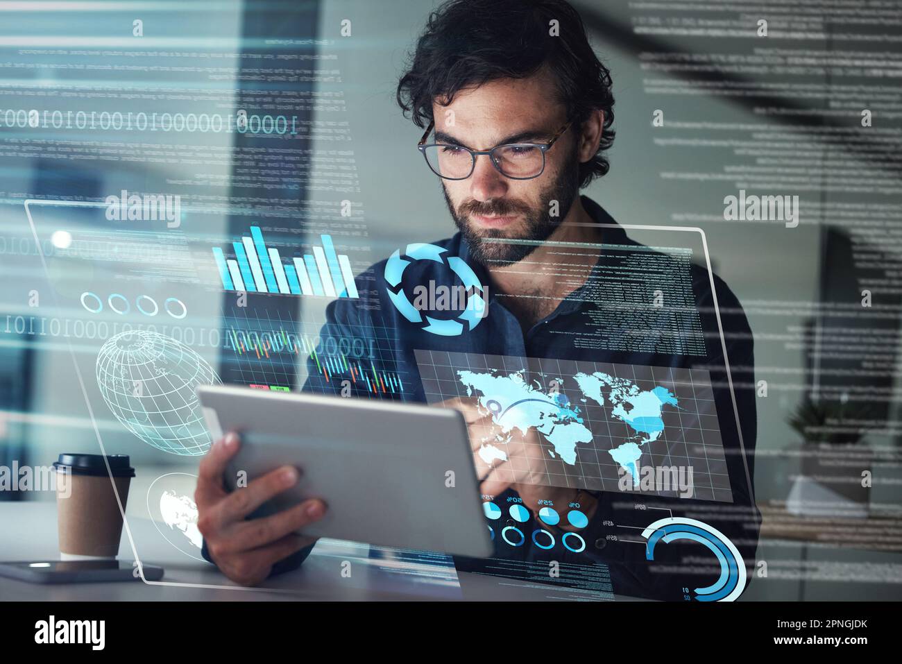 Business man, ologramma di dati e tablet con overlay digitale per tecnologia, statistiche o mercato azionario. 3d, realtà aumentata e persona con touchscreen Foto Stock