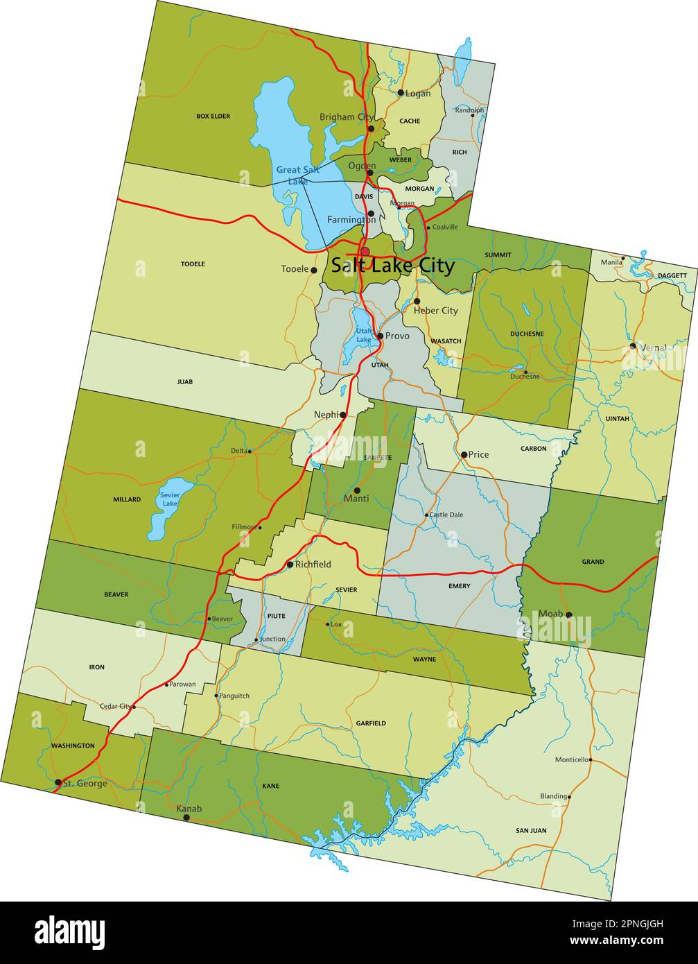Mappa politica modificabile estremamente dettagliata con livelli separati. Utah. Illustrazione Vettoriale