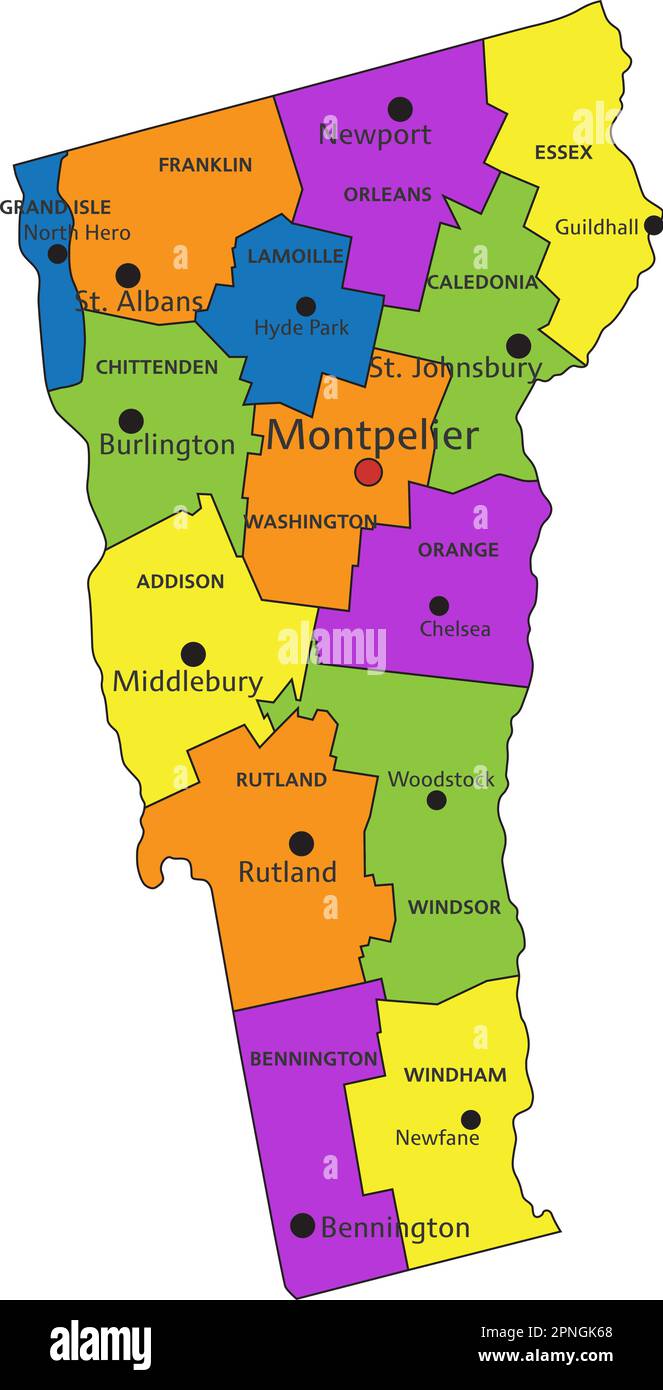 Colorata mappa politica del Vermont con strati separati chiaramente etichettati. Illustrazione vettoriale. Illustrazione Vettoriale