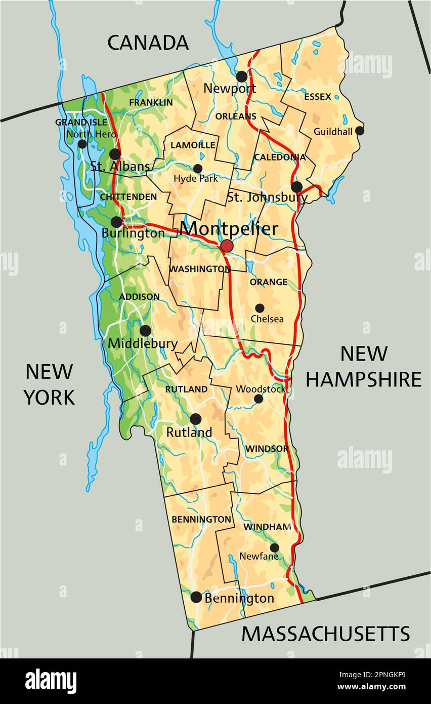 Mappa fisica del Vermont dettagliata con etichettatura. Illustrazione Vettoriale