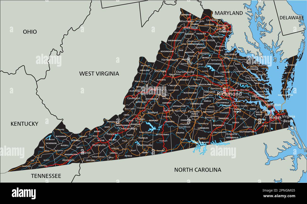 Mappa stradale della Virginia dettagliata con etichettatura. Illustrazione Vettoriale