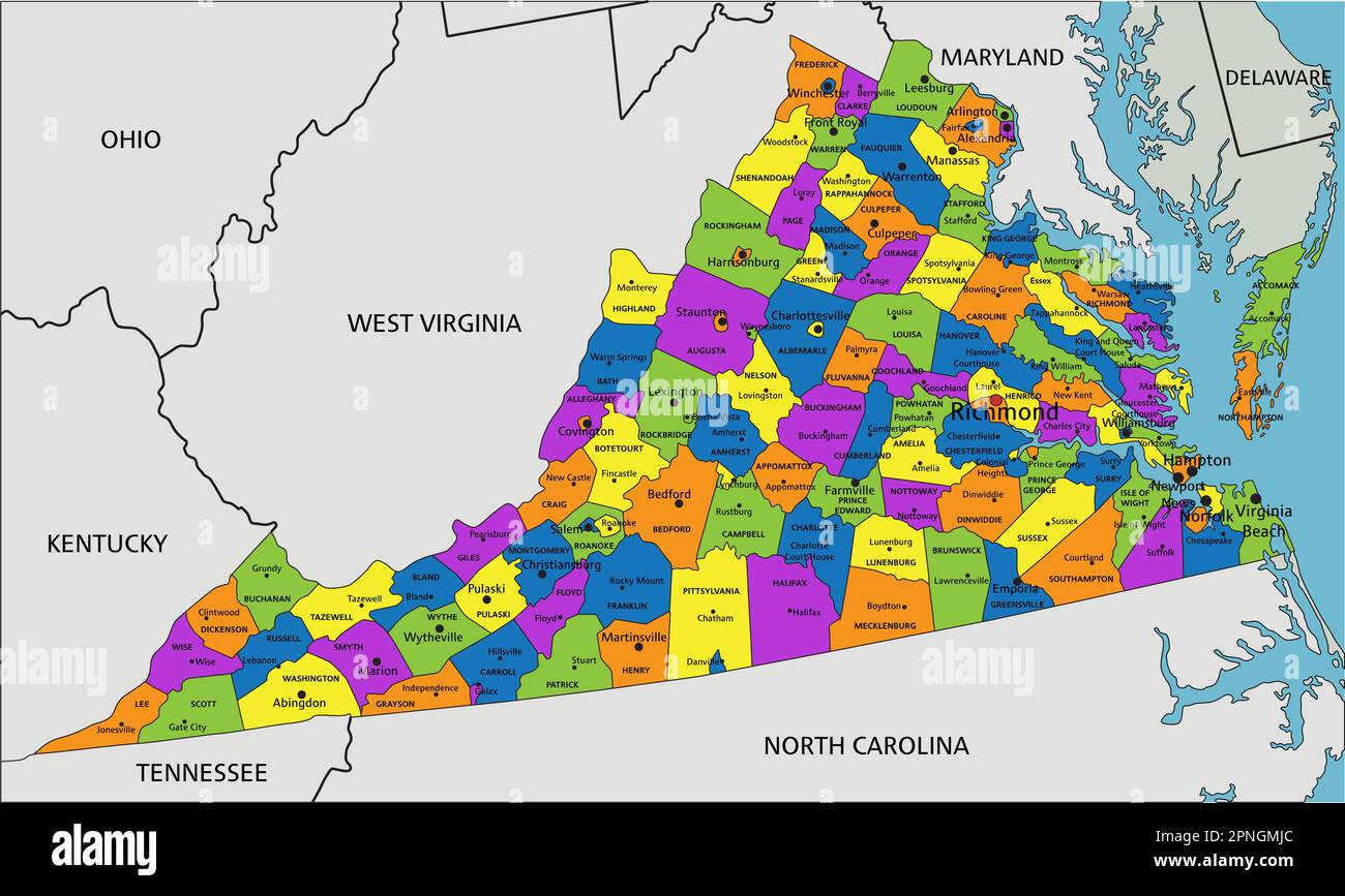 Colorata mappa politica della Virginia con strati separati e chiaramente etichettati. Illustrazione vettoriale. Illustrazione Vettoriale