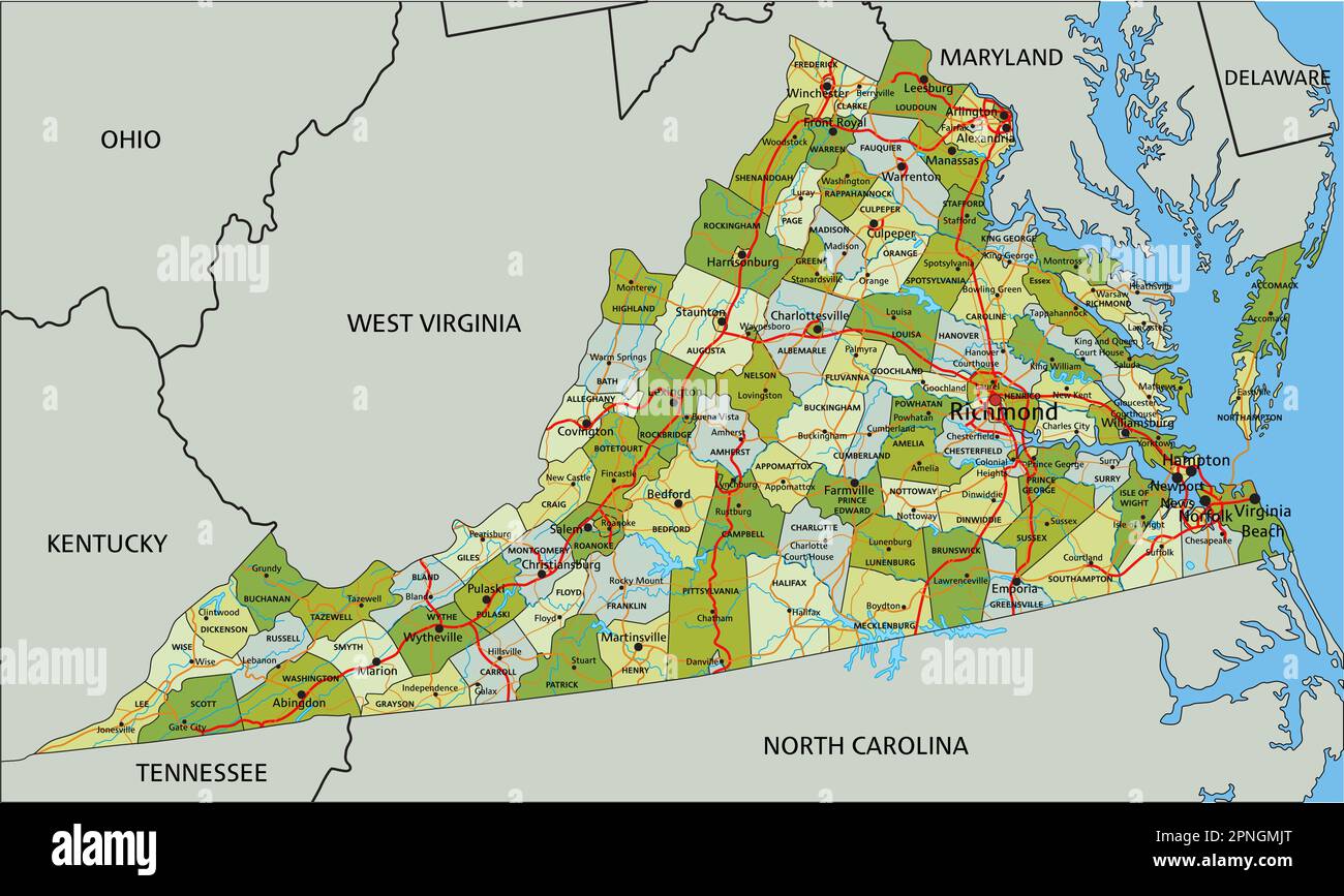 Mappa politica modificabile estremamente dettagliata con livelli separati. Virginia. Illustrazione Vettoriale