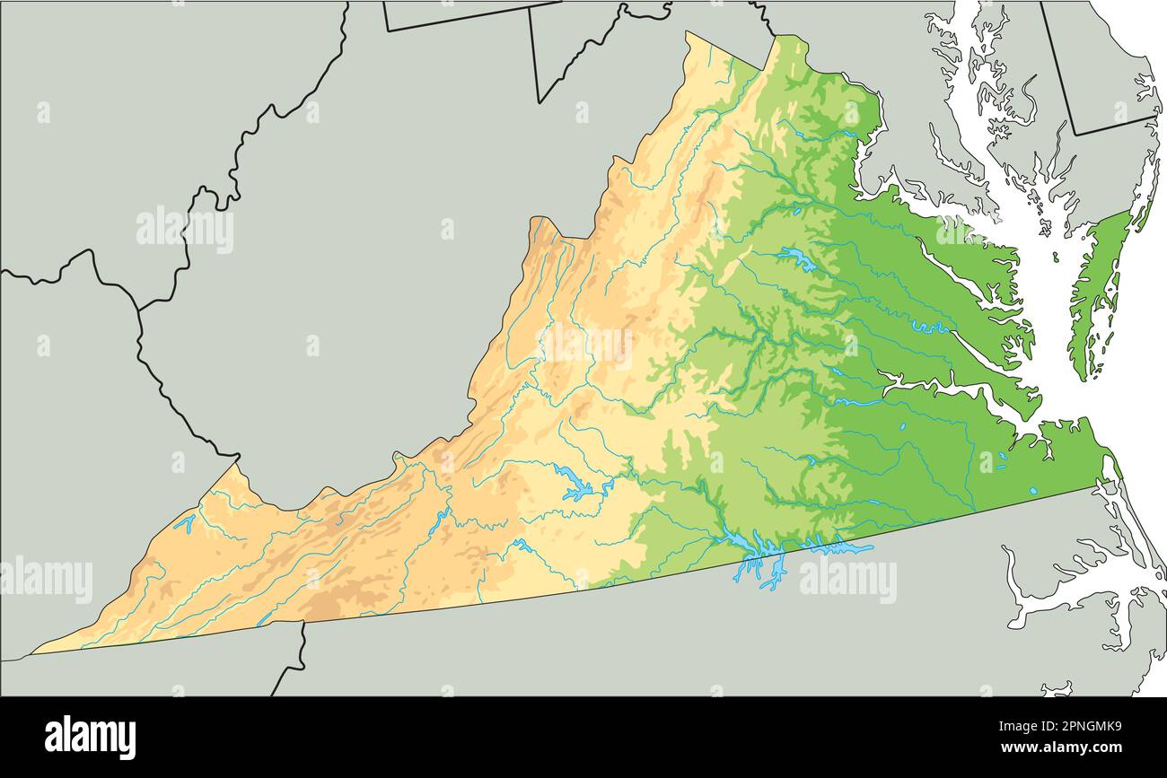 Mappa fisica della Virginia dettagliata. Illustrazione Vettoriale