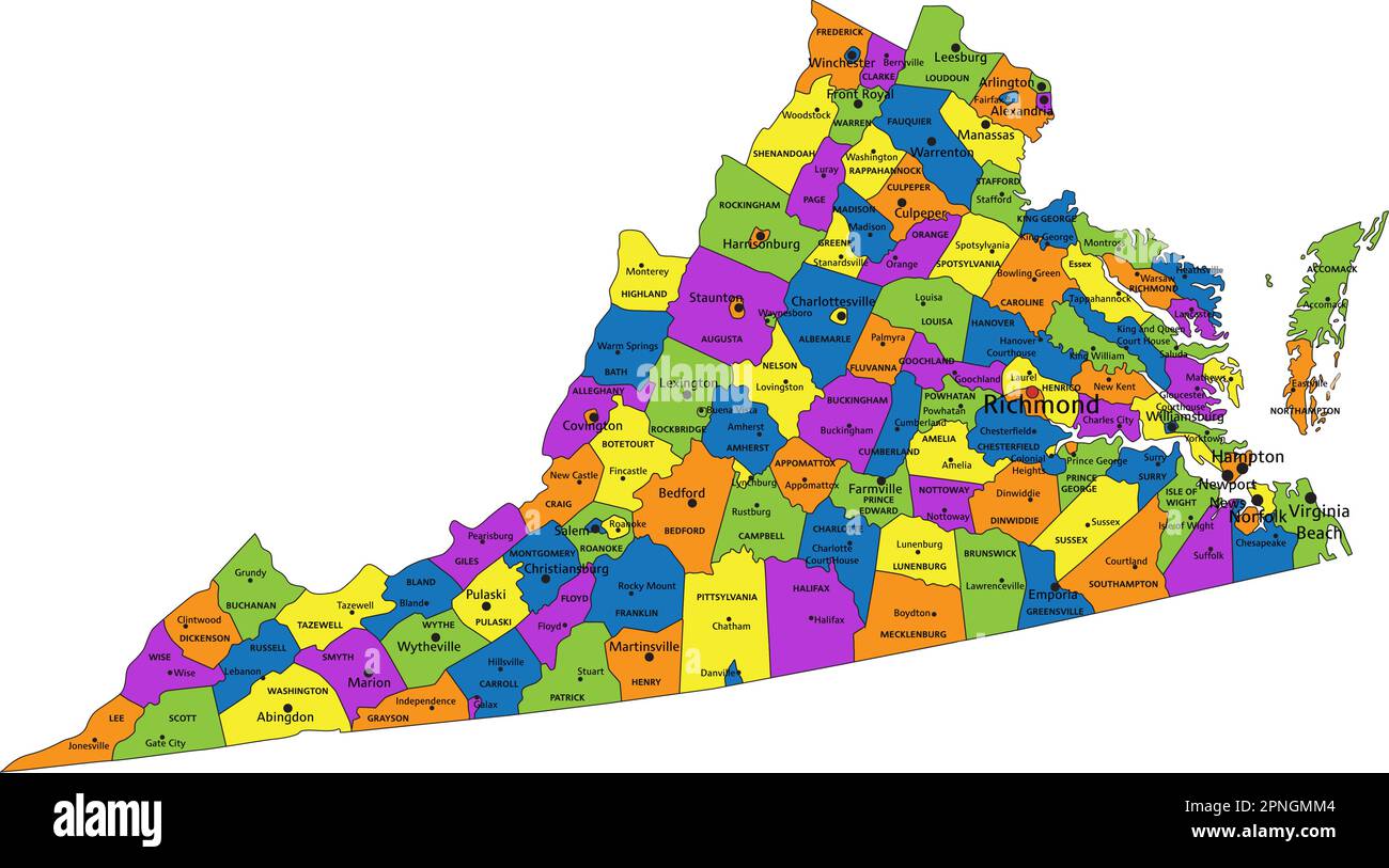 Colorata mappa politica della Virginia con strati separati e chiaramente etichettati. Illustrazione vettoriale. Illustrazione Vettoriale
