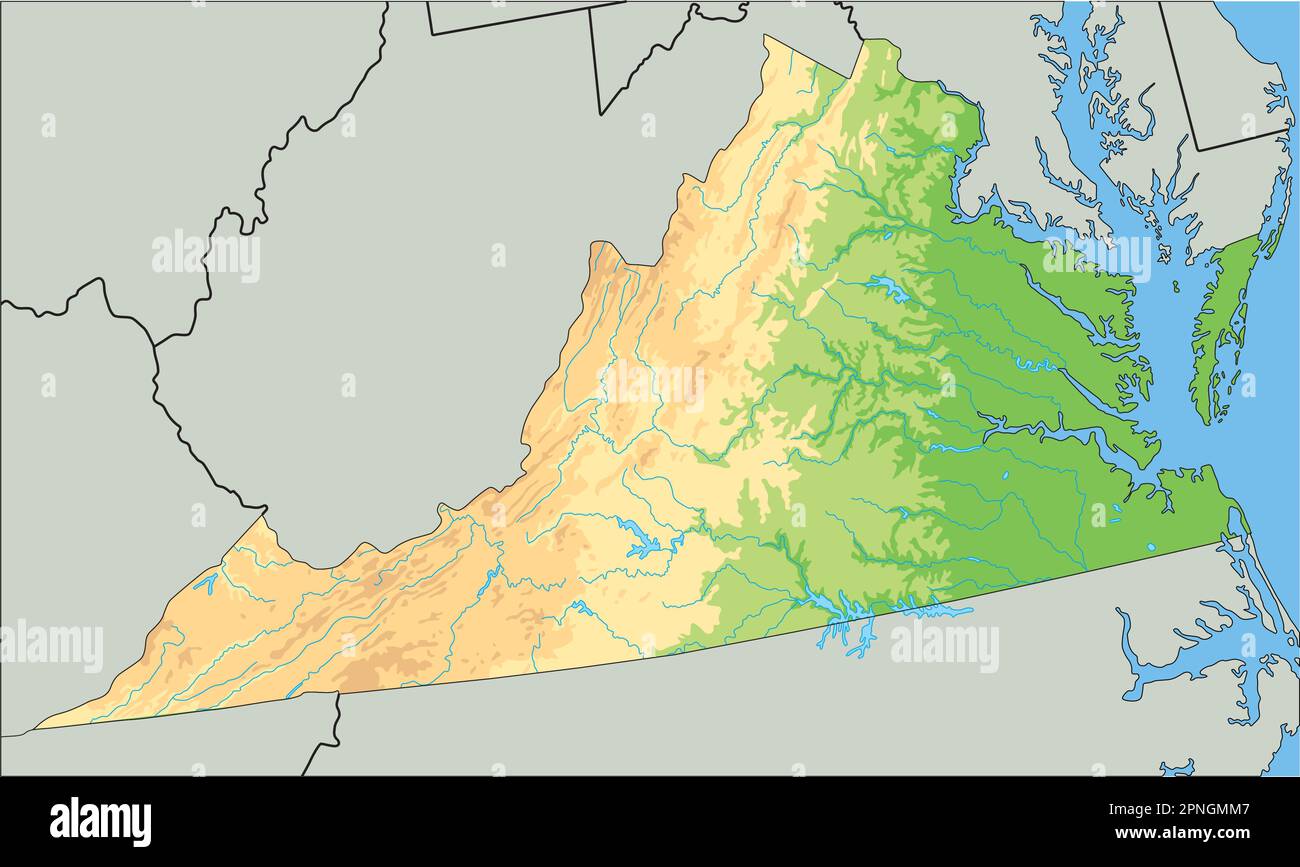 Mappa fisica della Virginia dettagliata. Illustrazione Vettoriale