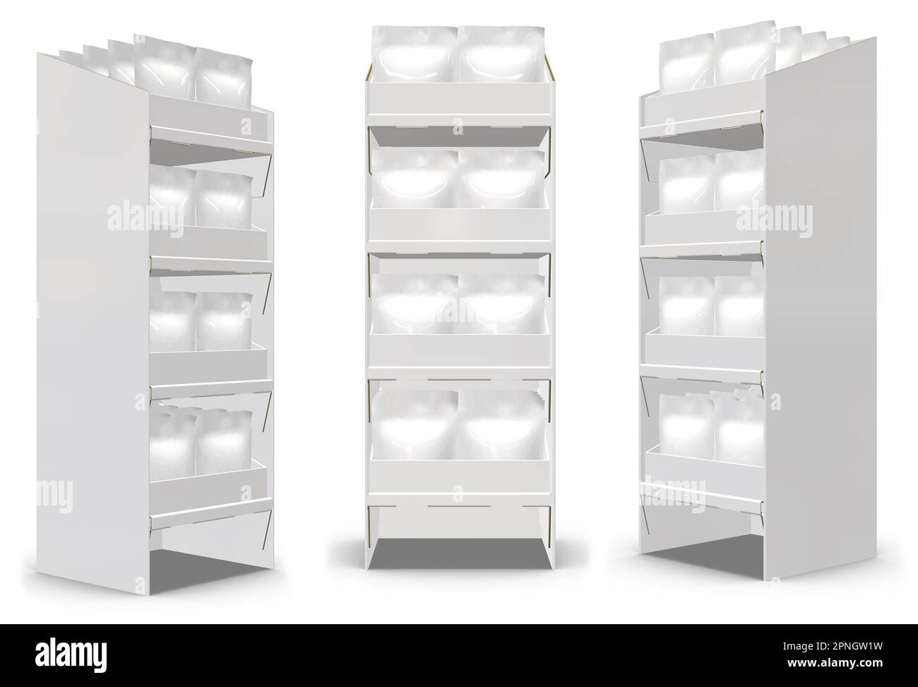 Rendering 3D - box da esposizione da pavimento per pos. Immagine ad alta risoluzione con modello a busta isolato su sfondo bianco, dettagli in cartone di alta qualità Foto Stock