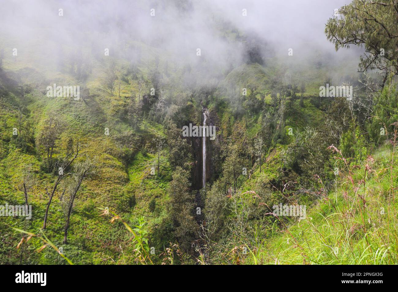 Bellissimo paesaggio di alta montagna e valli con una bella cascata lungo il sentiero Toreo dalla cima del Monte Rinjani Foto Stock