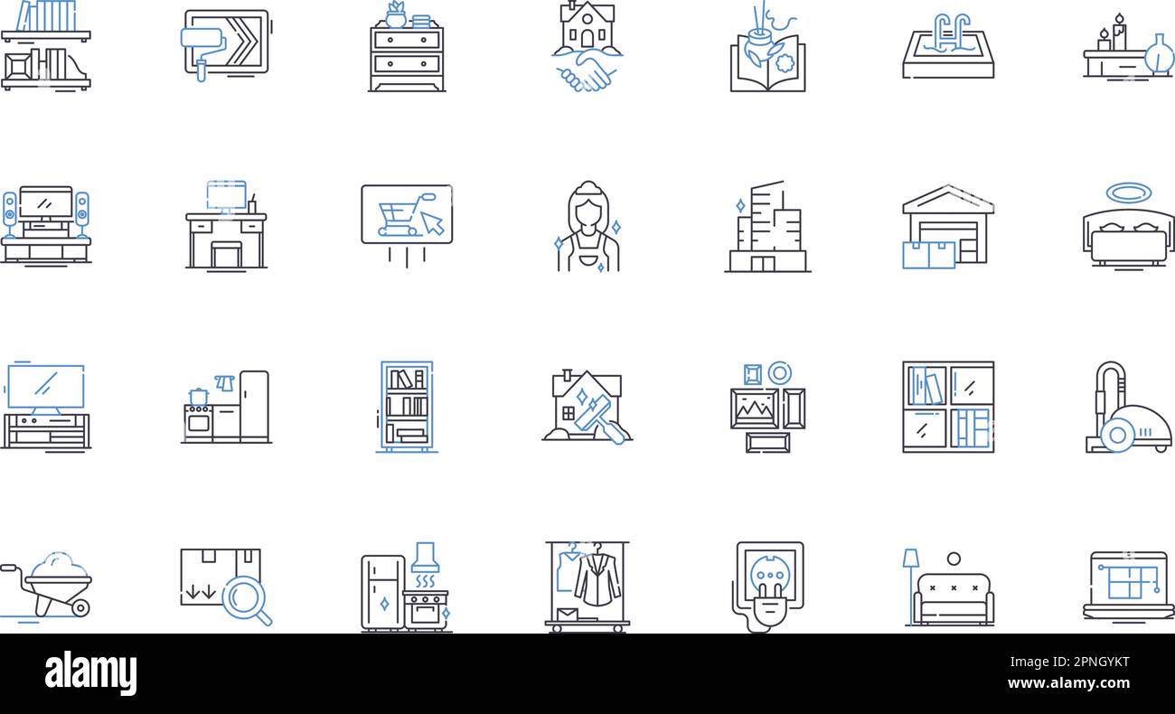 Raccolta icone linea domicilio. Casa, Residenza, Dimora, abitazione, Casa, Habitat, vettore di alloggio e illustrazione lineare. Shelter,Den,contorno del quartiere Illustrazione Vettoriale