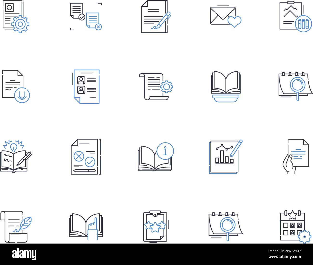 Raccolta di icone della linea di output letterario. Creatività, immaginazione, espressione, arte, prosa, Poesia, romanzi vettoriali e illustrazione lineare. Fiction Illustrazione Vettoriale