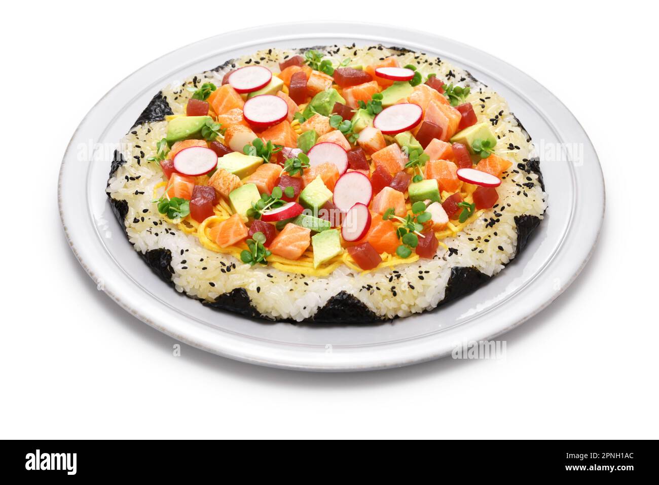 Pizza di sushi fatta in casa, sushi creativo originario di Toronto, Canada Foto Stock