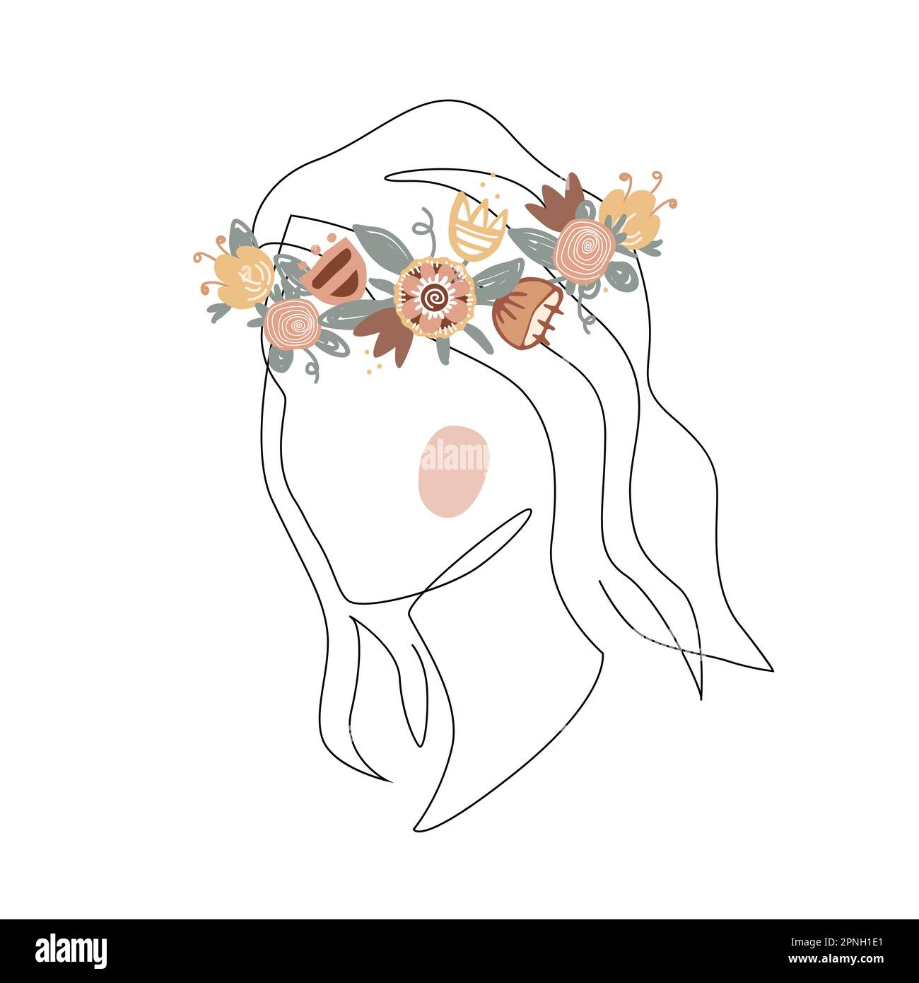 Donna alla moda di illustrazione di moda di faccia in uno stile di arte di linea. Arte continua moderna illustrazione vettoriale con silhouette viso e corona floreale su Illustrazione Vettoriale