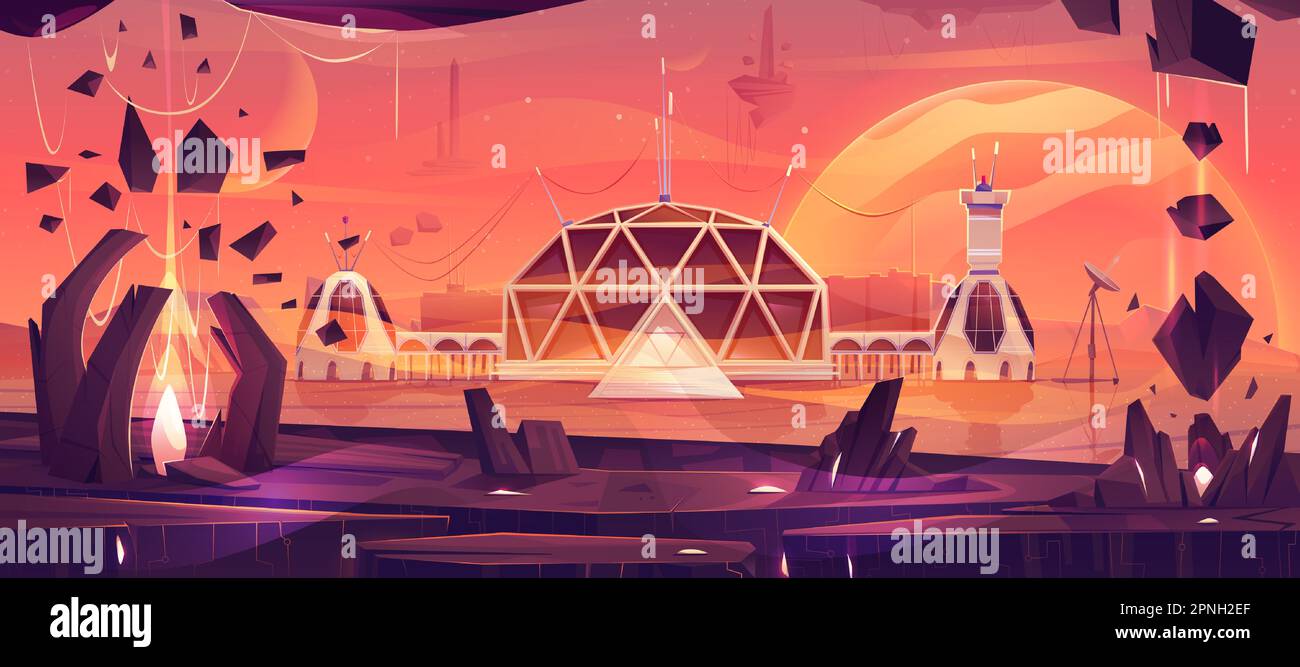 Colonia spaziale sul pianeta Marte paesaggio cartone animato. Futuristico alieno stazione base città sulla superficie deserta illustrazione. Esplorazione futuristica della navicella spaziale e gioco di colonizzazione sfondo scena missione. Illustrazione Vettoriale