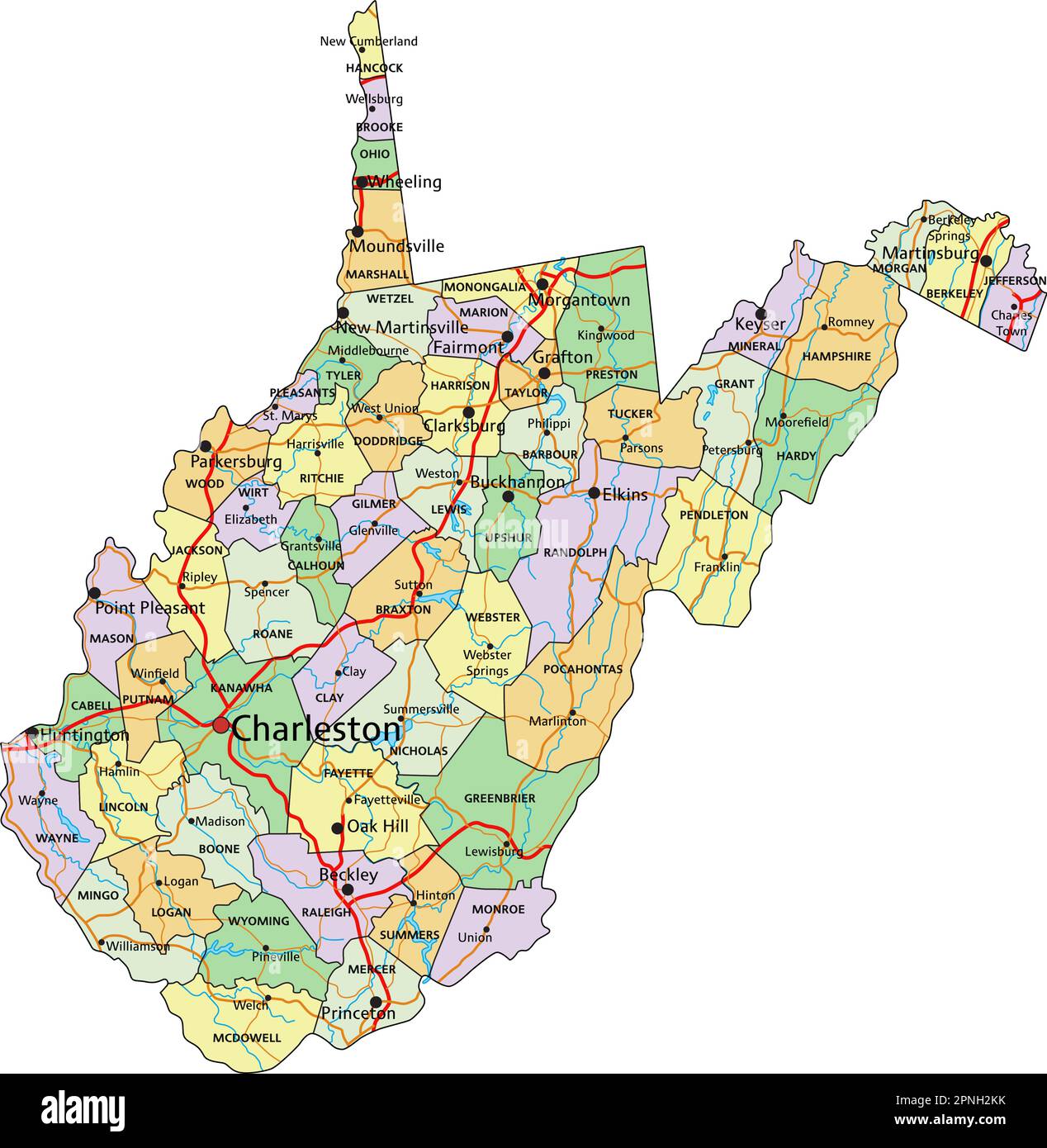 West Virginia - Mappa politica modificabile molto dettagliata con etichettatura. Illustrazione Vettoriale