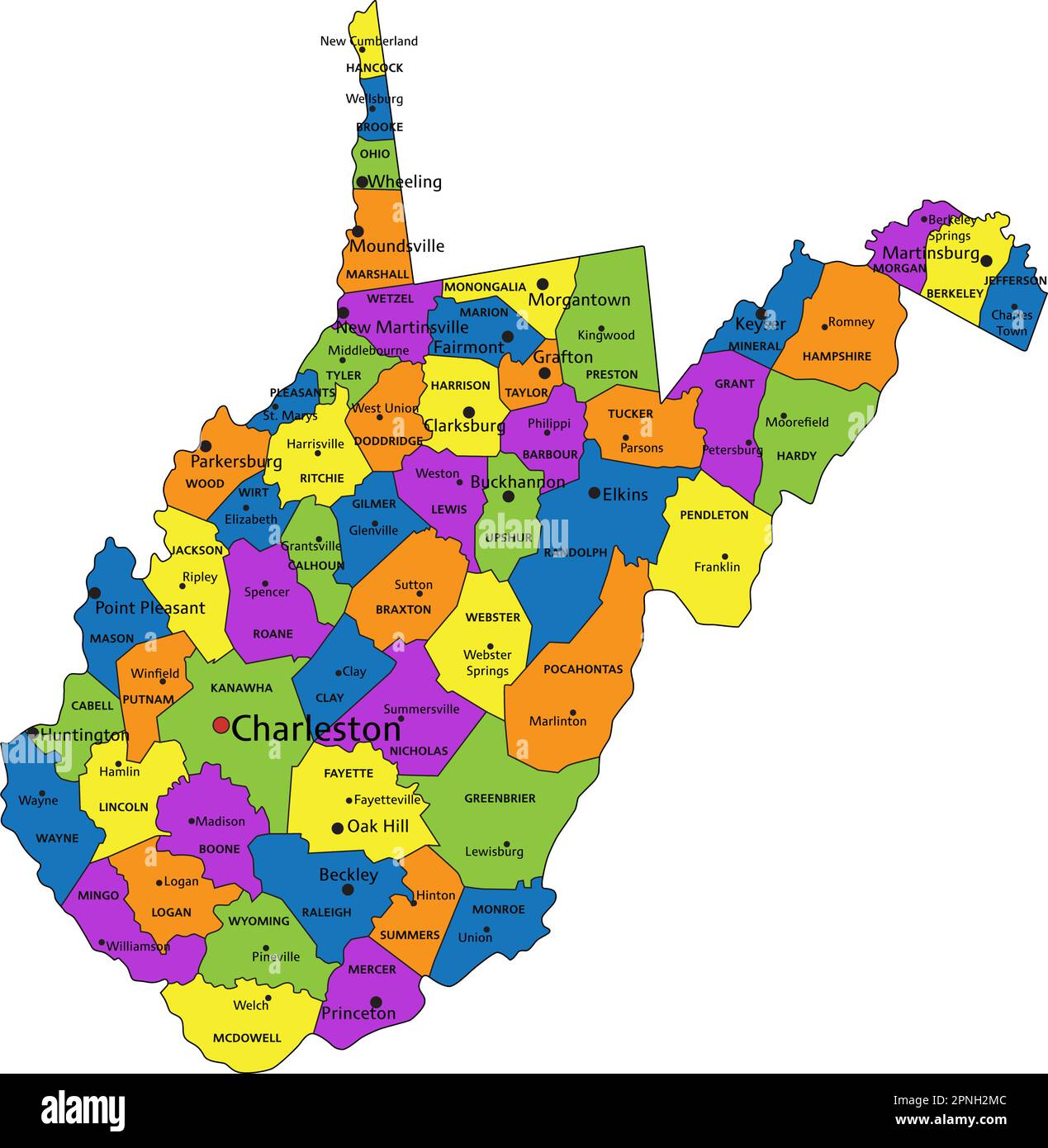 Colorata mappa politica del West Virginia con strati separati e chiaramente etichettati. Illustrazione vettoriale. Illustrazione Vettoriale