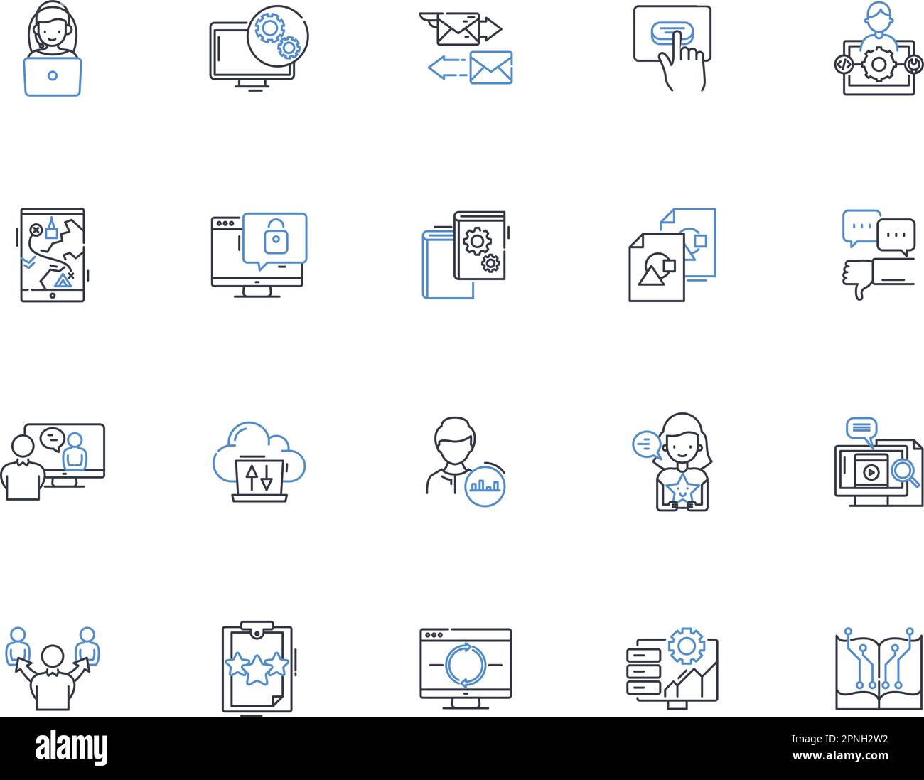Raccolta di icone della linea di analisi Web. Traffico, conversioni, coinvolgimento, velocità di rimbalzo, Pageviews, Imbuto, vettore di sessioni e illustrazione lineare Illustrazione Vettoriale