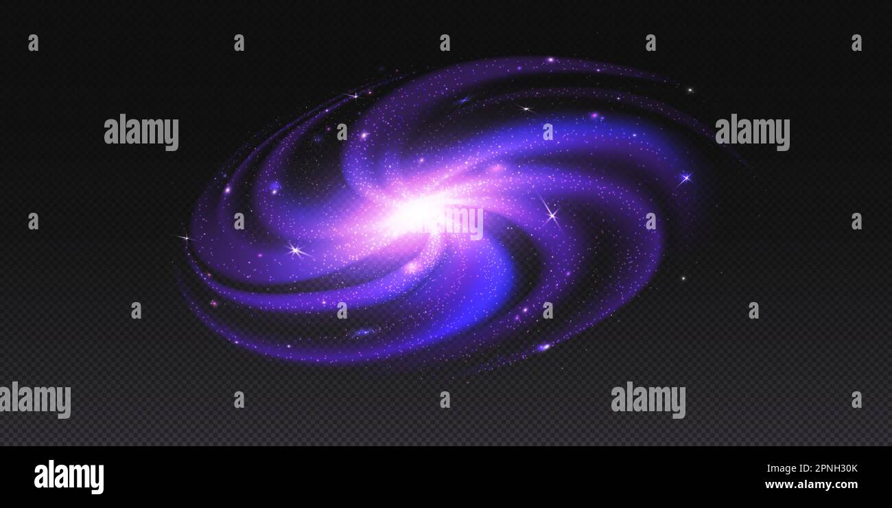 Sfondo vettore galassia vettore trasparente per nebulosa. Spirale modo lattiginoso astratto luce cosmica in sistema galattico. andromeda realistico bagliore con buco nero e glitter mistero viola torsione illusione. Illustrazione Vettoriale