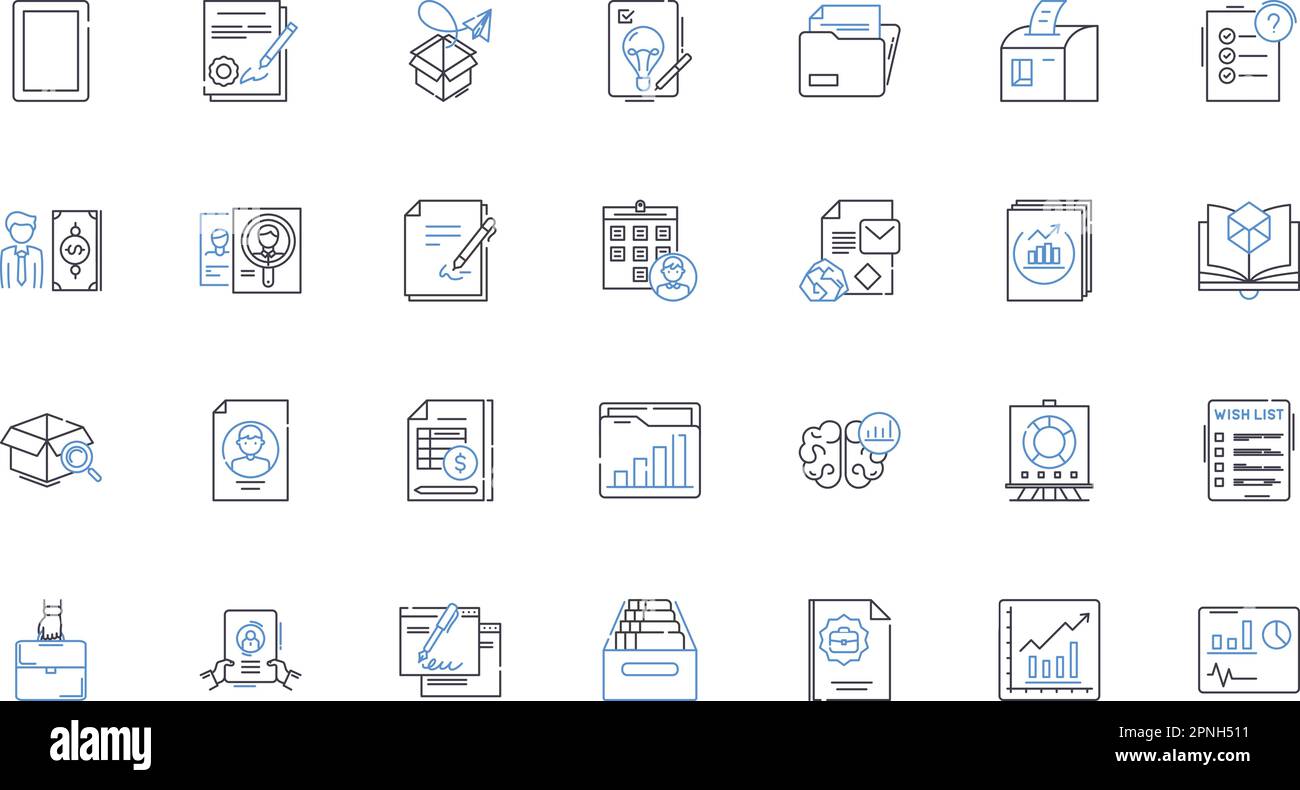 Raccolta di icone della riga di documentazione per l'impiego. Contratto, Contratto, W-, i-, Resume, Lettera di presentazione, vettore delle politiche HR e illustrazione lineare Illustrazione Vettoriale