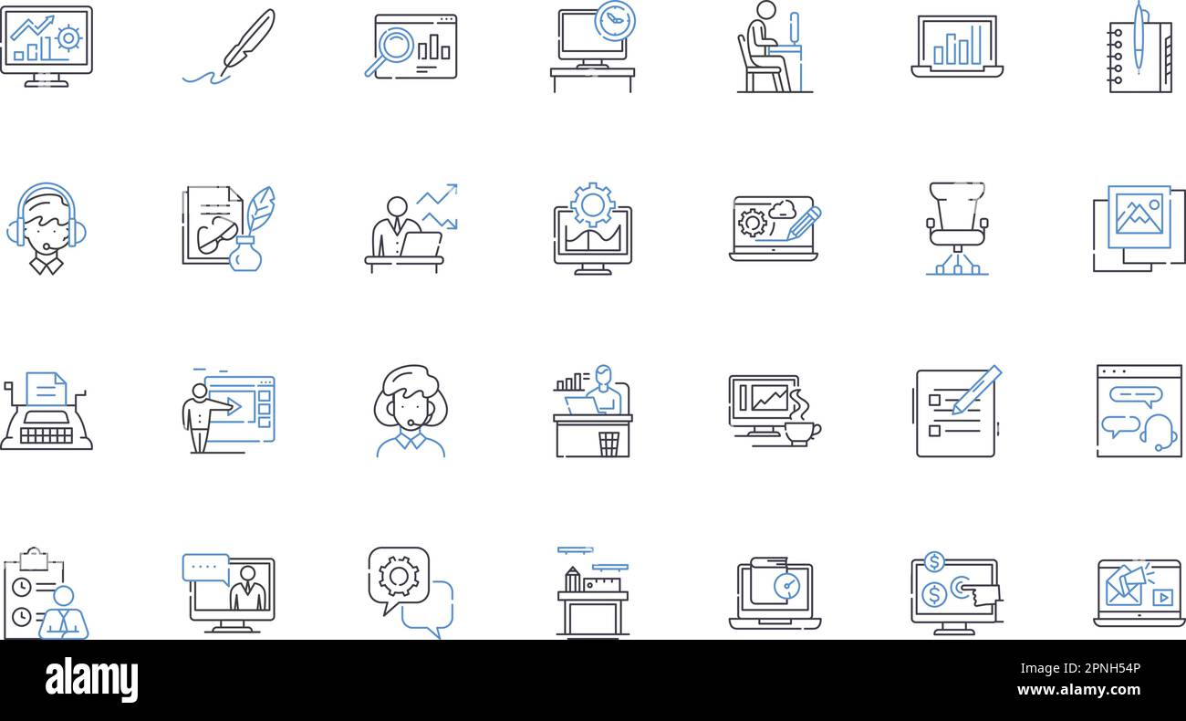 Raccolta delle icone delle righe dei lavori a distanza. Telelavoro, remoto, virtuale, online, lavoro da casa, Illustrazione digitale, vettoriale indipendente e lineare Illustrazione Vettoriale