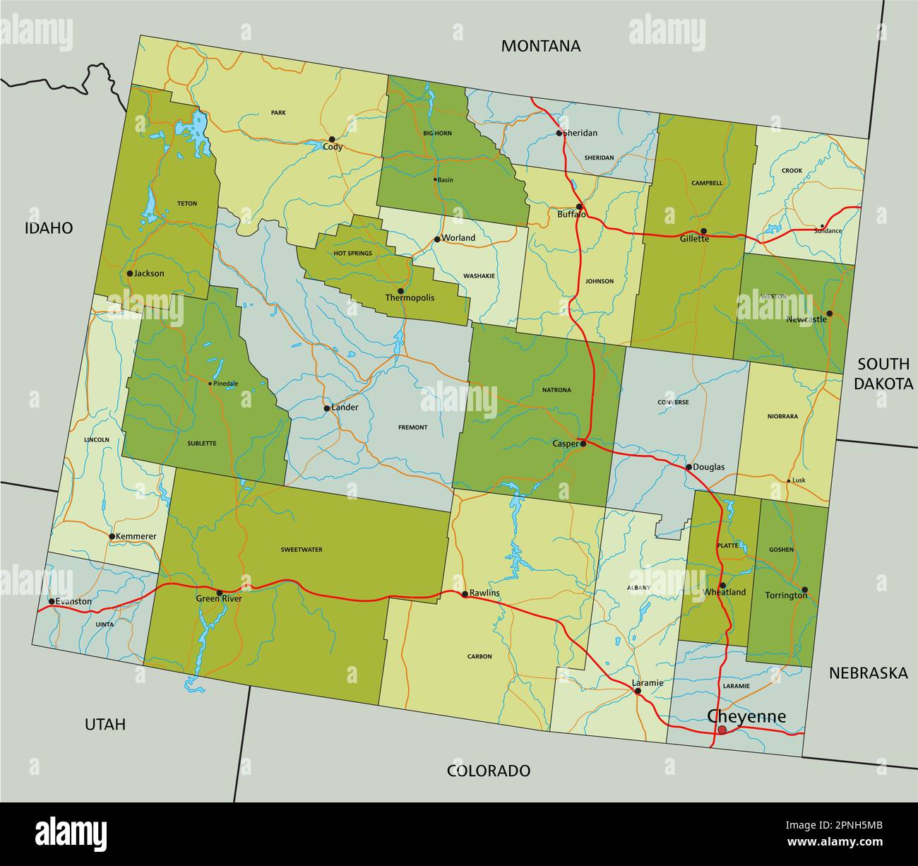 Mappa politica modificabile estremamente dettagliata con livelli separati. Wyoming. Illustrazione Vettoriale